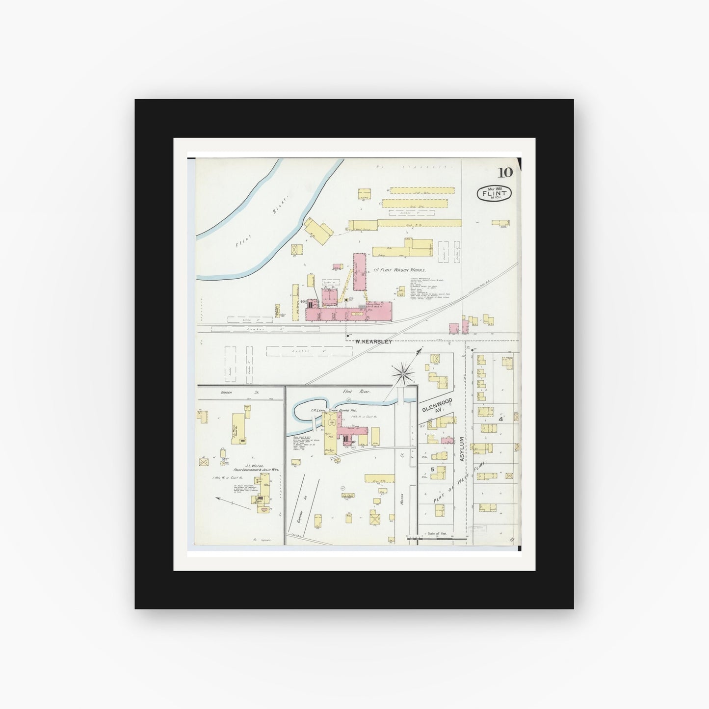 Old map wall art mockup — black gallery frame with white mat — Sanborn Fire Insurance Map from Flint, Genesee County, Michigan (1892), Sheet #0010