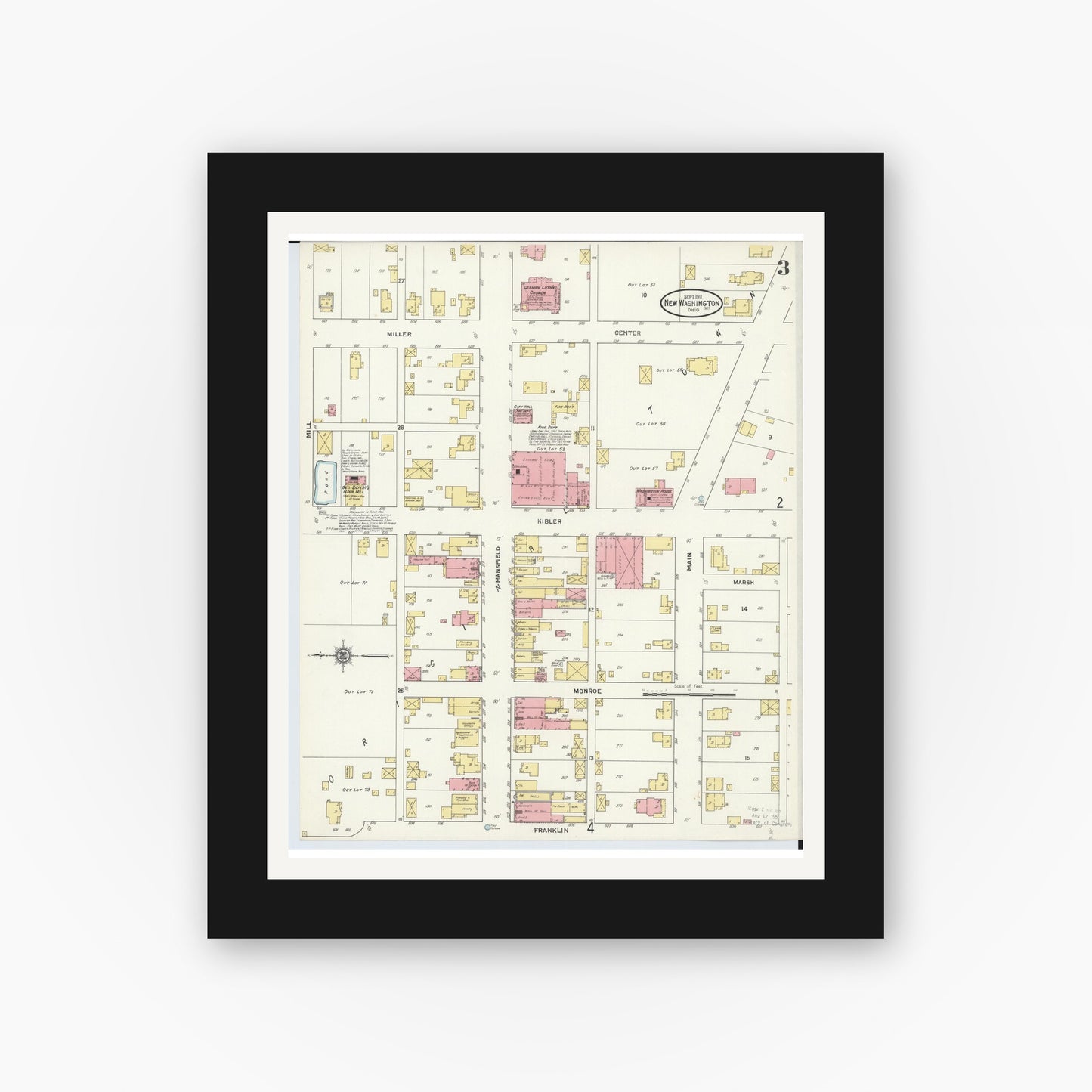 Old map wall art mockup — black gallery frame with white mat — Sanborn Fire Insurance Map from New Washington, Crawford County, Ohio (1911), Sheet #0003
