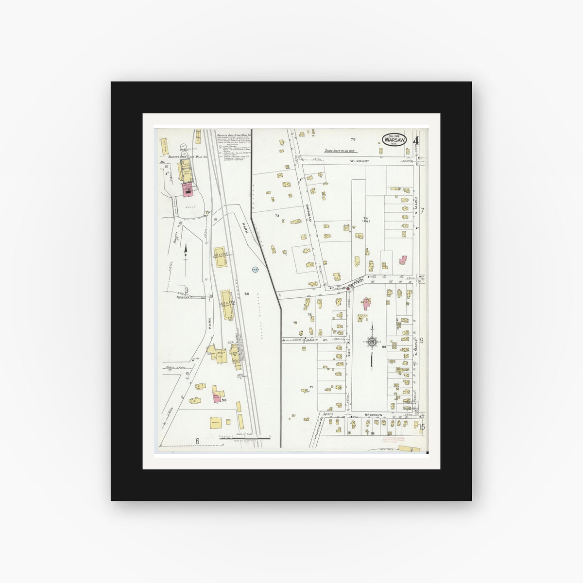 Old map wall art mockup — black gallery frame with white mat — Sanborn Fire Insurance Map from Warsaw, Wyoming County, New York (1919), Sheet #0004