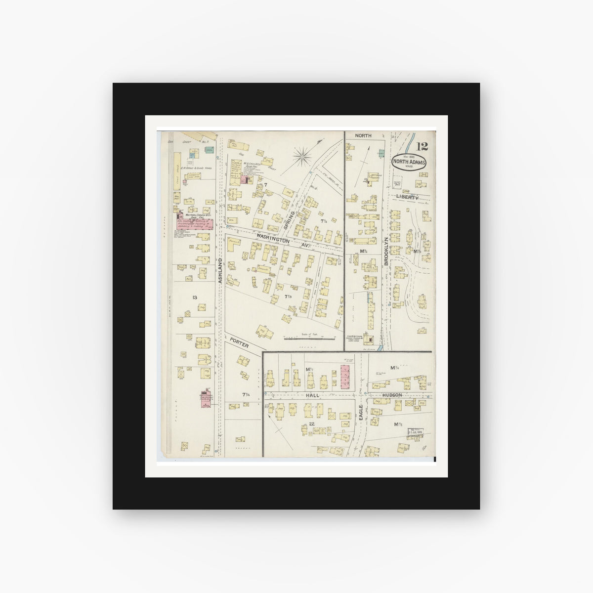 Old map wall art mockup — black gallery frame with white mat — Sanborn Fire Insurance Map from North Adams, Berkshire County, Massachusetts (1888), Sheet #0012