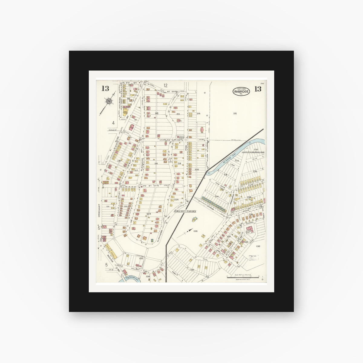 Old map wall art mockup — black gallery frame with white mat — Sanborn Fire Insurance Map from Ambridge, Beaver County, Pennsylvania (1923), Sheet #0013