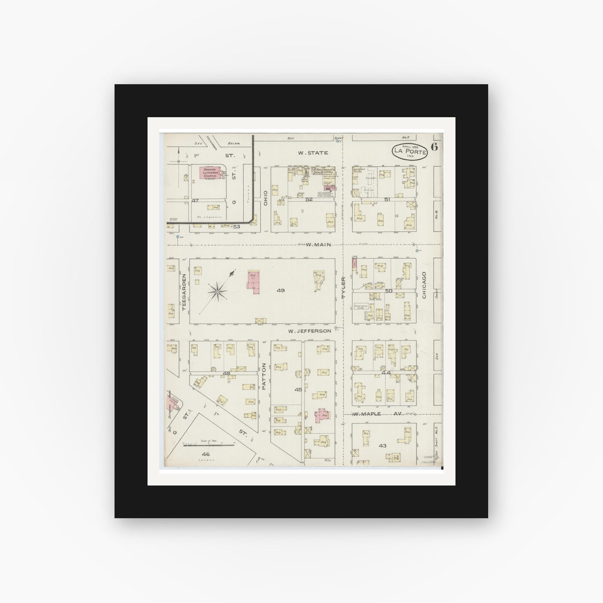 Old map wall art mockup — black gallery frame with white mat — Sanborn Fire Insurance Map from La Porte, La Porte County, Indiana (1886), Sheet #0006