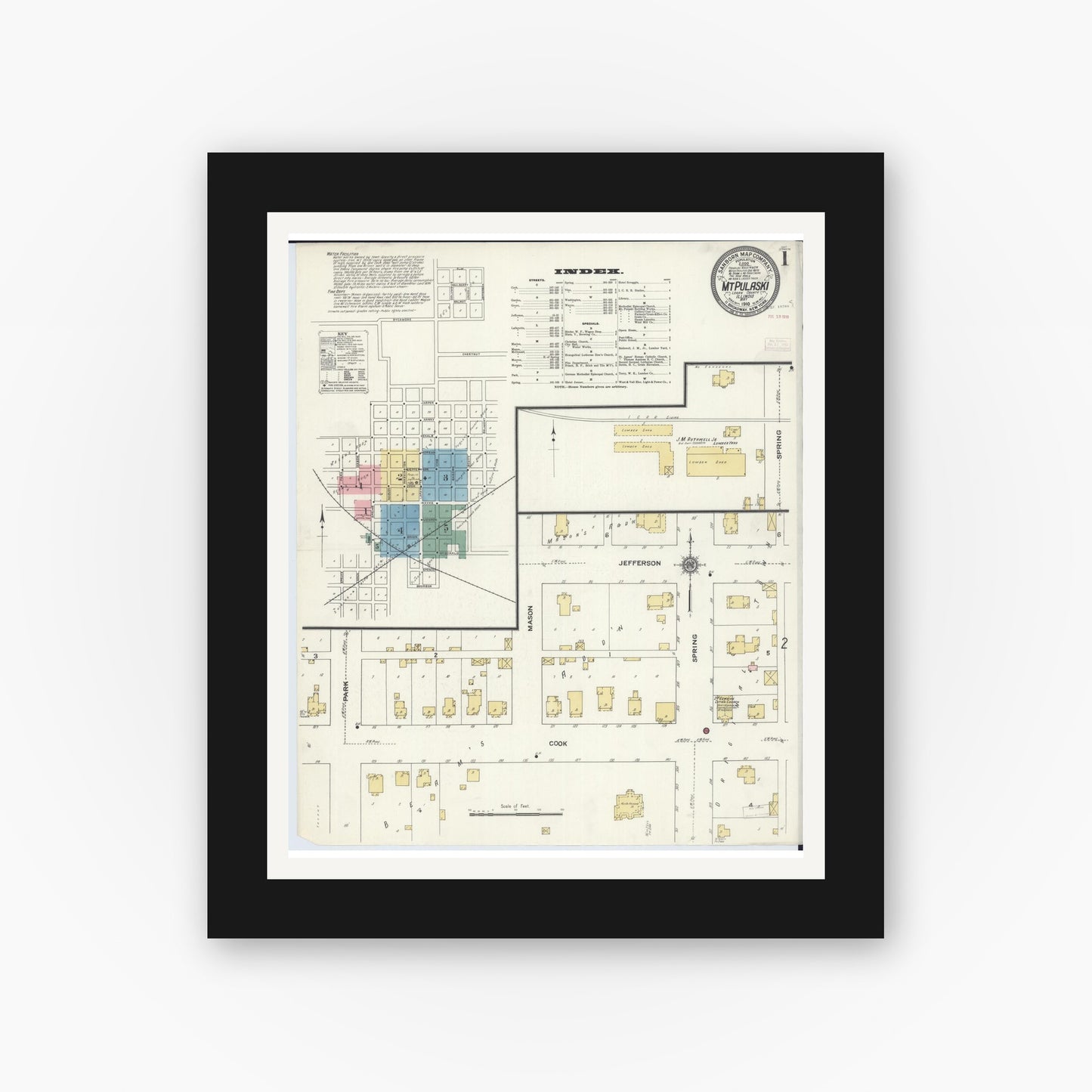 Old map wall art mockup — black gallery frame with white mat — Sanborn Fire Insurance Map from Mount Pulaski, Logan County, Illinois (1910) - Complete Map Set