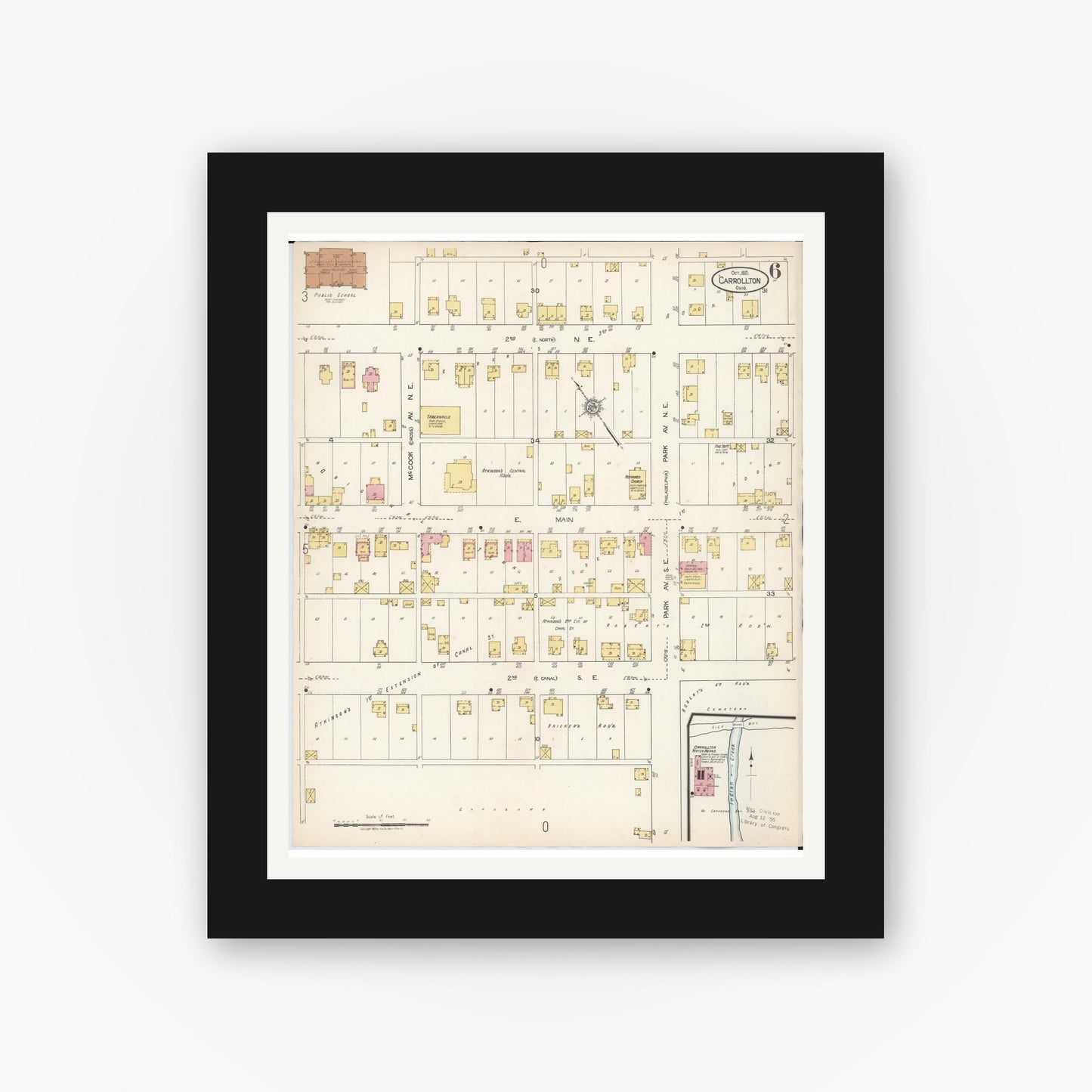Old map wall art mockup — black gallery frame with white mat — Sanborn Fire Insurance Map from Carrollton, Carroll County, Ohio (1921), Sheet #0006