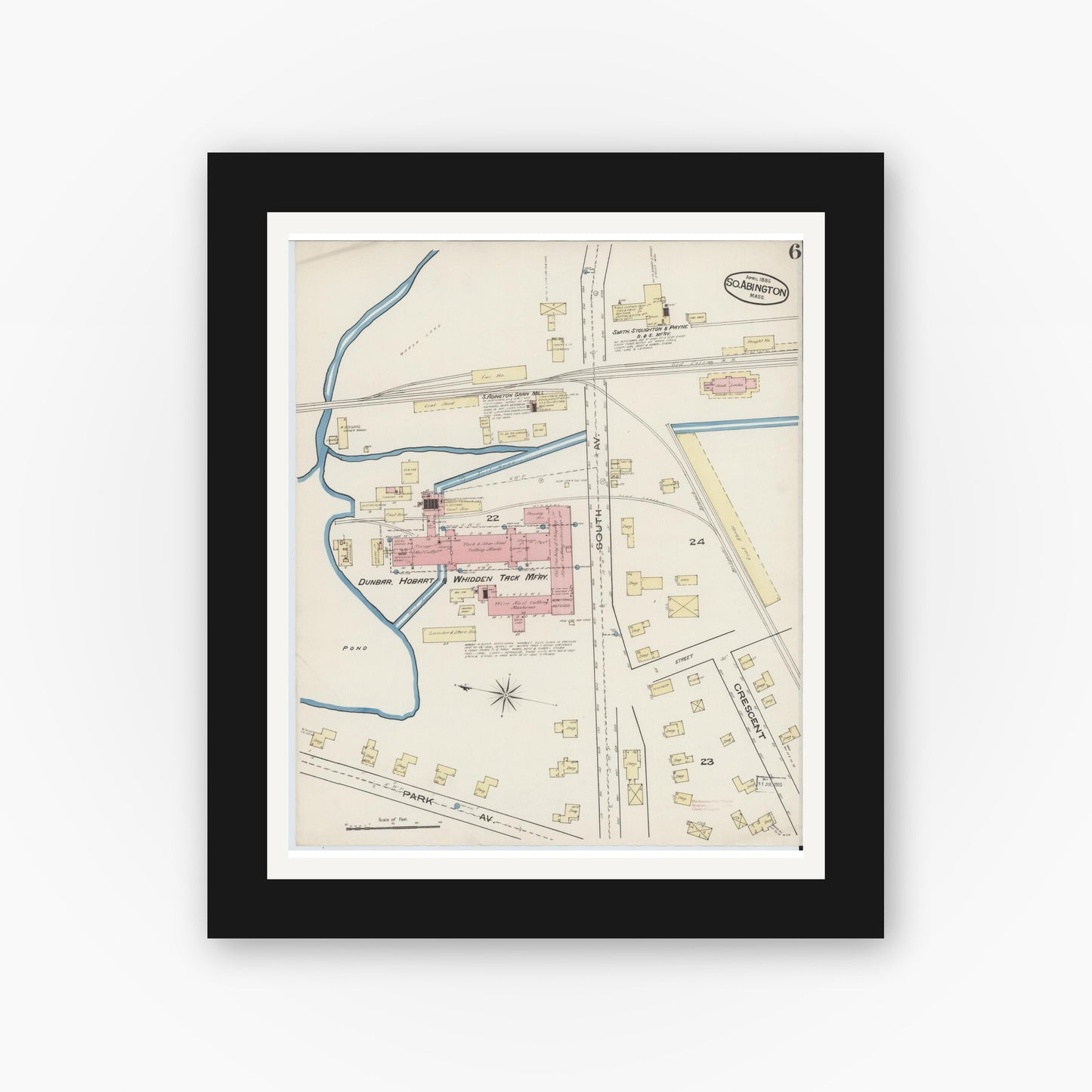 Old map wall art mockup — black gallery frame with white mat — Sanborn Fire Insurance Map from South Abington, Plymouth County, Massachusetts (1885), Sheet #0006
