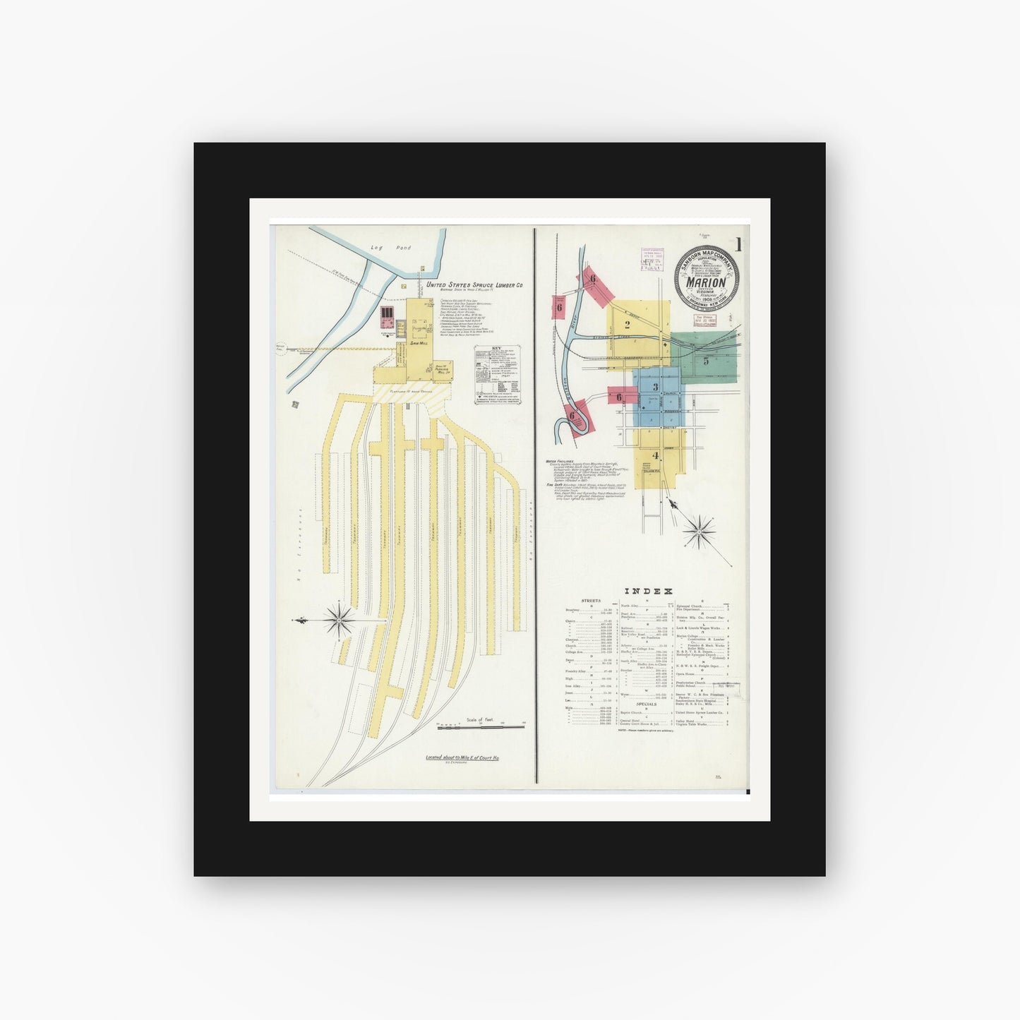 Old map wall art mockup — black gallery frame with white mat — Sanborn Fire Insurance Map from Marion, Smyth County, Virginia (1908) - Complete Map Set