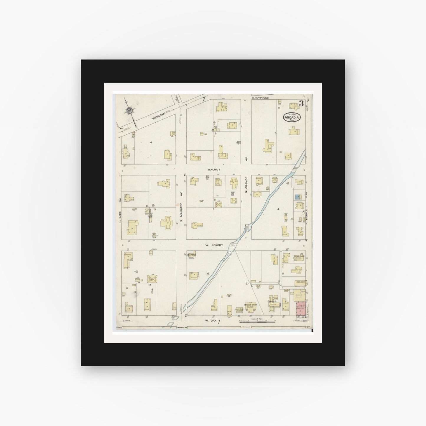 Old map wall art mockup — black gallery frame with white mat — Sanborn Fire Insurance Map from Arcadia, DeSoto County, Florida (1914), Sheet #0003