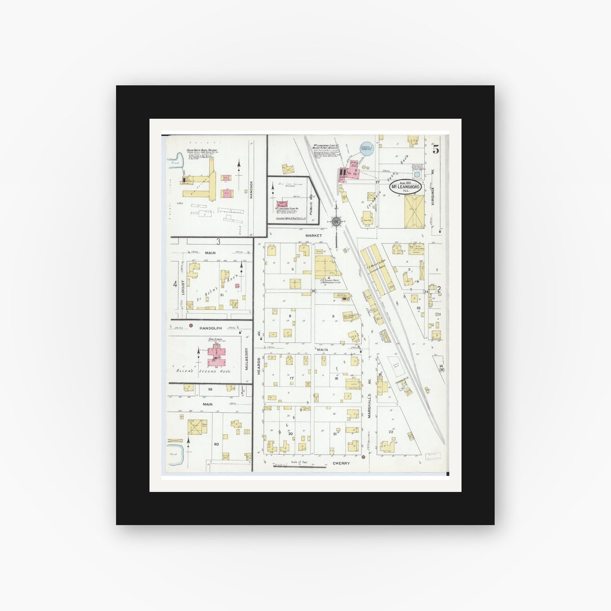 Old map wall art mockup — black gallery frame with white mat — Sanborn Fire Insurance Map from Mcleansboro, Hamilton County, Illinois (1910), Sheet #0005