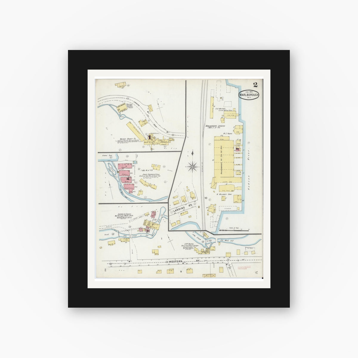 Old map wall art mockup — black gallery frame with white mat — Sanborn Fire Insurance Map from Marlborough, Ulster County, New York (1895), Sheet #0002