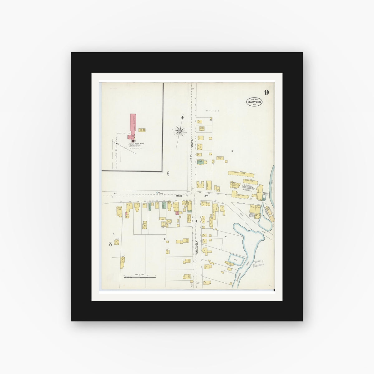 Old map wall art mockup — black gallery frame with white mat — Sanborn Fire Insurance Map from Babylon, Suffolk County, New York (1902), Sheet #0009