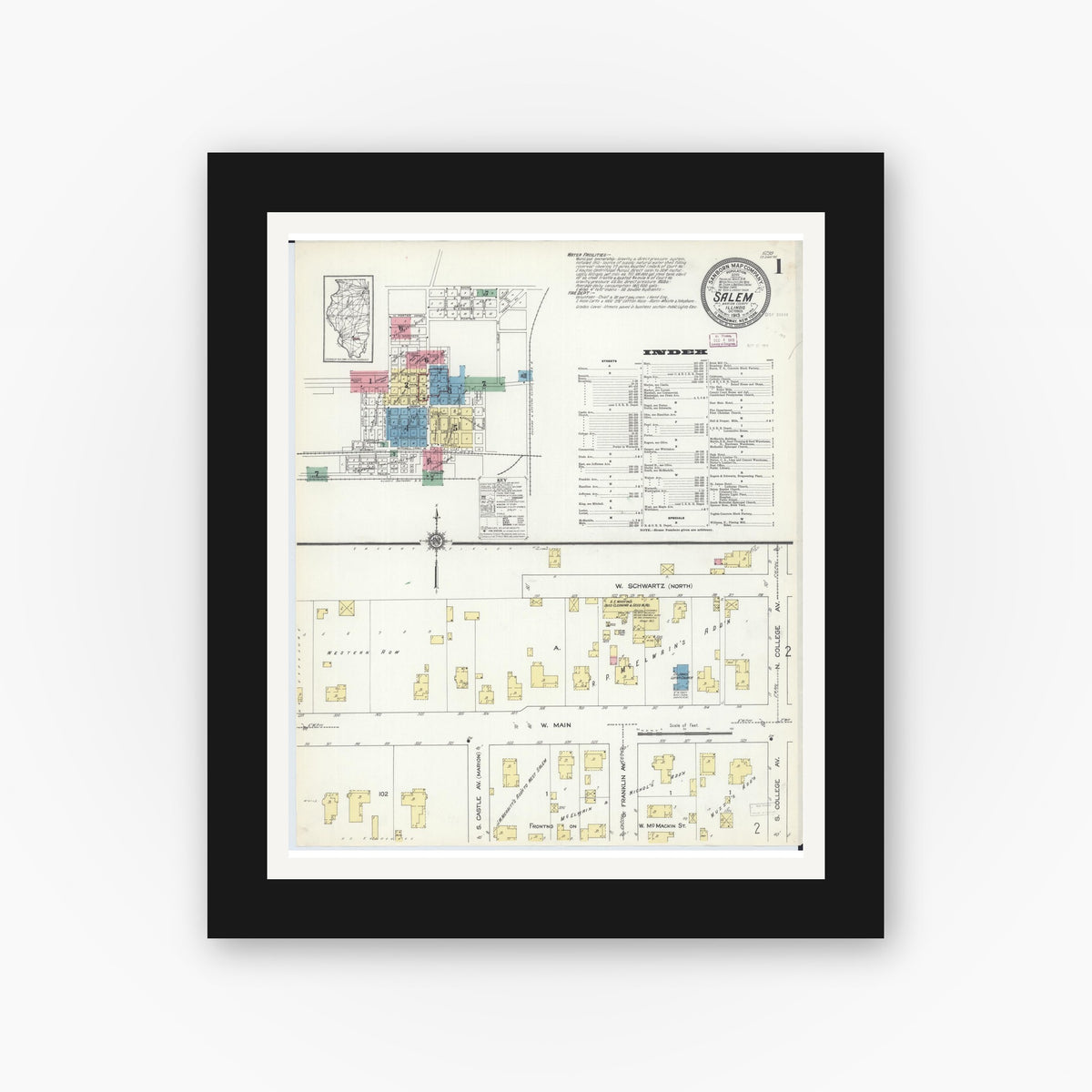 Old map wall art mockup — black gallery frame with white mat — Sanborn Fire Insurance Map from Salem, Marion County, Illinois (1913), Sheet #0001