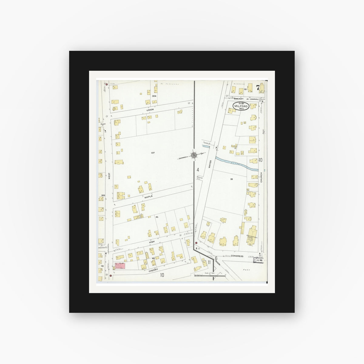 Old map wall art mockup — black gallery frame with white mat — Sanborn Fire Insurance Map from Milford, Worcester County, Massachusetts (1910), Sheet #0007