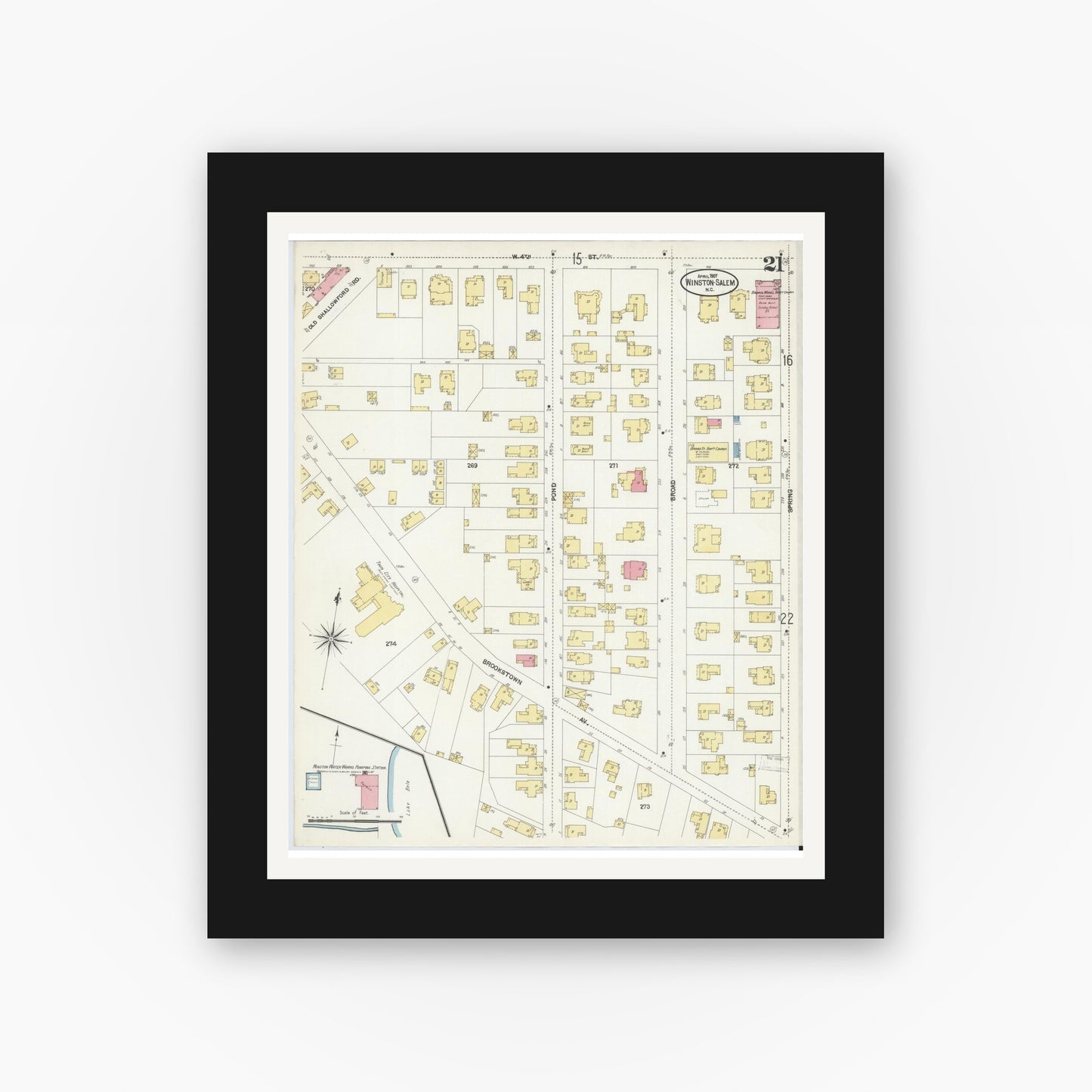Old map wall art mockup — black gallery frame with white mat — Sanborn Fire Insurance Map from Winston-Salem, Forsyth County, North Carolina (1907), Sheet #0021
