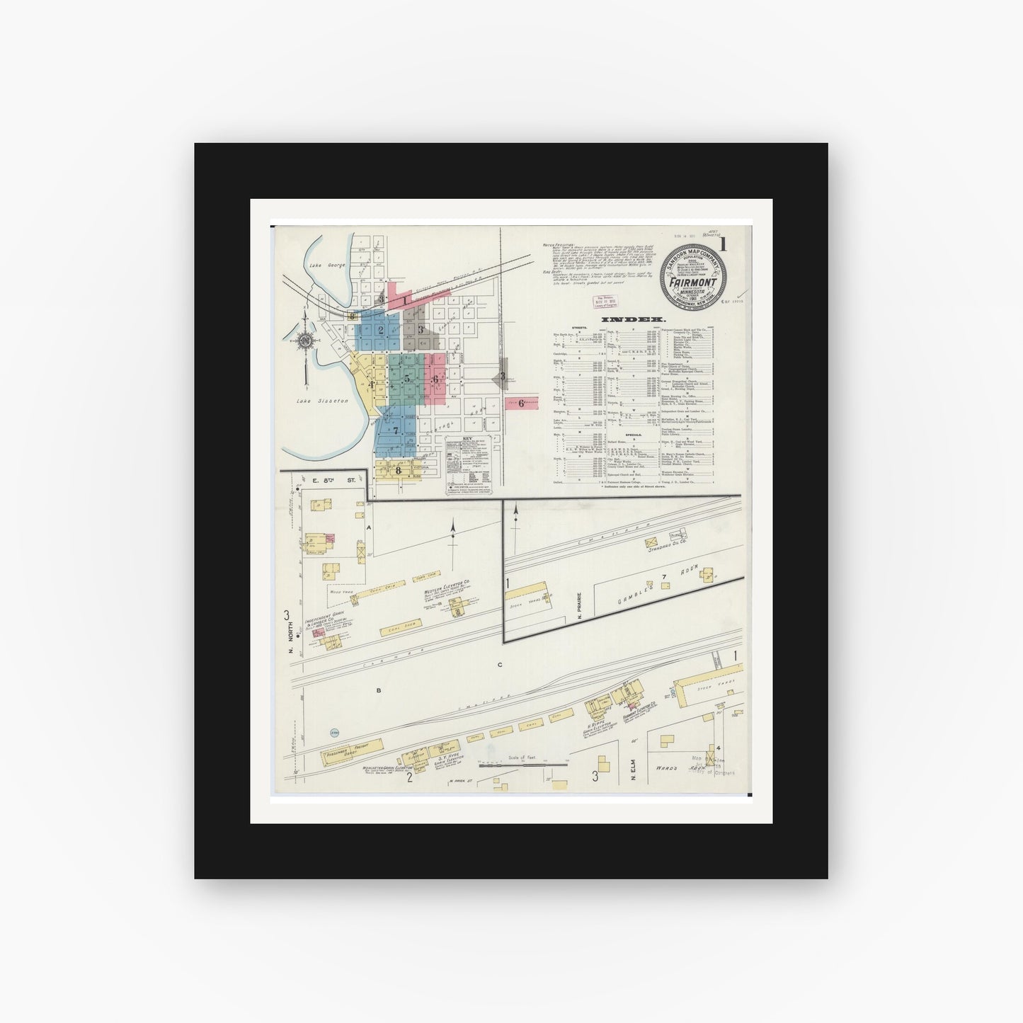Old map wall art mockup — black gallery frame with white mat — Sanborn Fire Insurance Map from Fairmont, Martin County, Minnesota (1911) - Complete Map Set