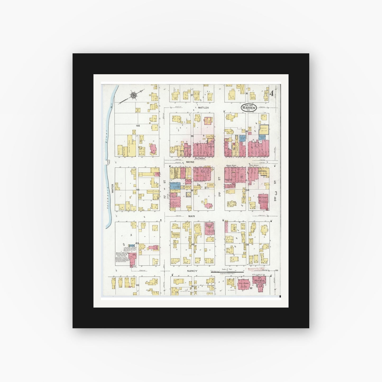 Old map wall art mockup — black gallery frame with white mat — Sanborn Fire Insurance Map from Warren, Huntington County, Indiana (1919), Sheet #0004