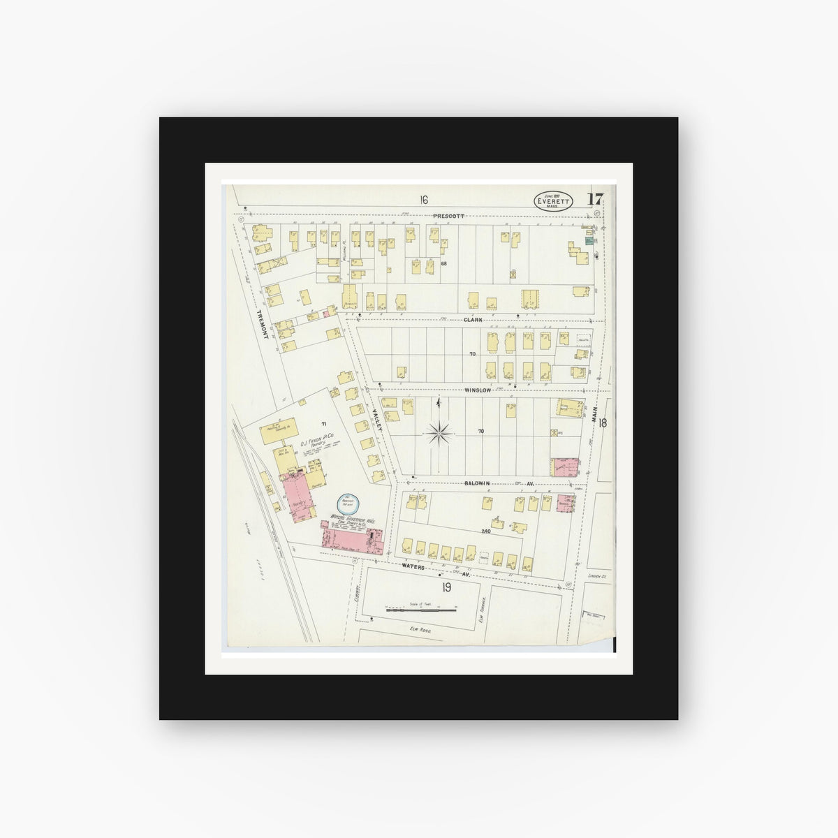 Old map wall art mockup — black gallery frame with white mat — Sanborn Fire Insurance Map from Everett, Middlesex County, Massachusetts (1897), Sheet #0017