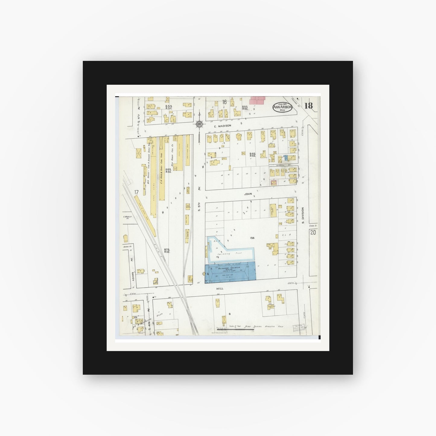 Old map wall art mockup — black gallery frame with white mat — Sanborn Fire Insurance Map from Ann Arbor, Washtenaw County, Michigan (1916), Sheet #0018
