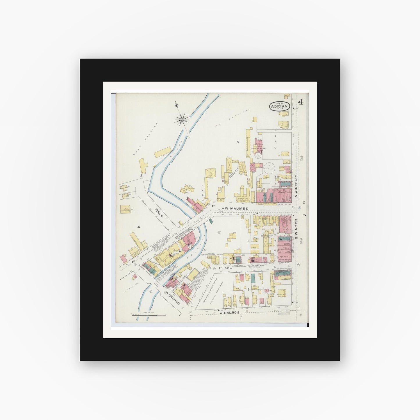 Old map wall art mockup — black gallery frame with white mat — Sanborn Fire Insurance Map from Adrian, Lenawee County, Michigan (1893), Sheet #0004