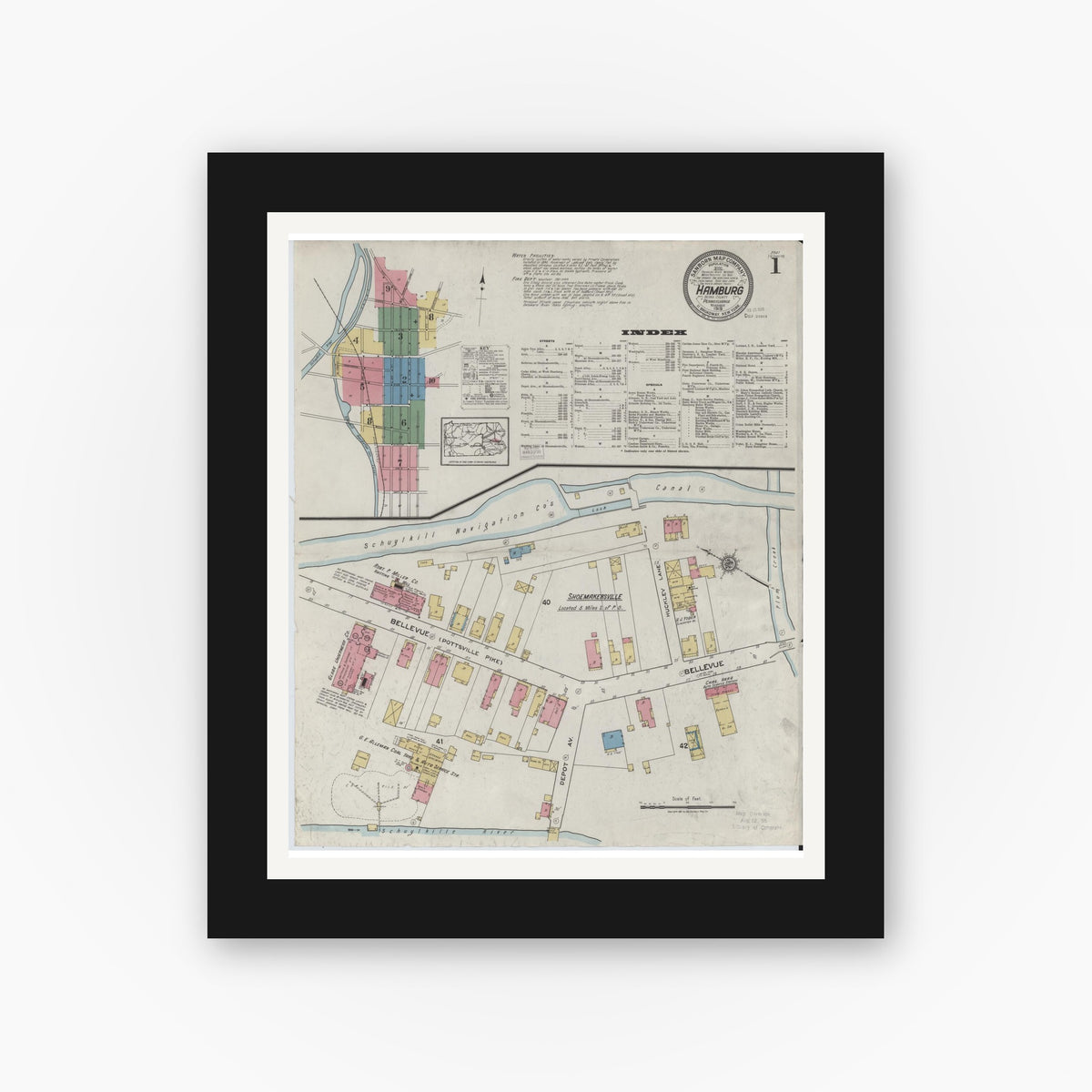 Old map wall art mockup — black gallery frame with white mat — Sanborn Fire Insurance Map from Hamburg, Berks County, Pennsylvania (1919) - Complete Map Set