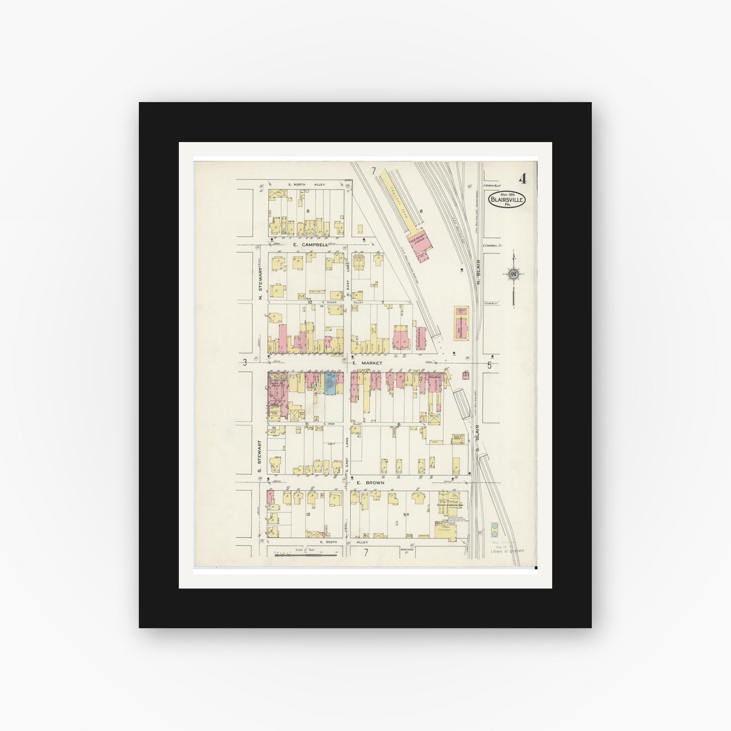 Old map wall art mockup — black gallery frame with white mat — Sanborn Fire Insurance Map from Blairsville, Indiana County, Pennsylvania (1915), Sheet #0004