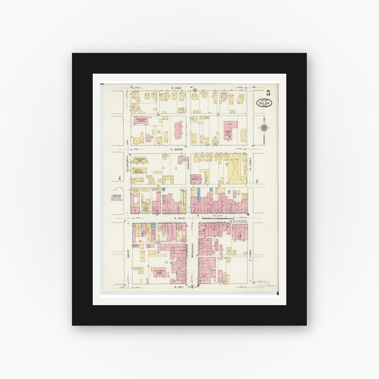 Old map wall art mockup — black gallery frame with white mat — Sanborn Fire Insurance Map from Salem, Columbiana County, Ohio (1915), Sheet #0005