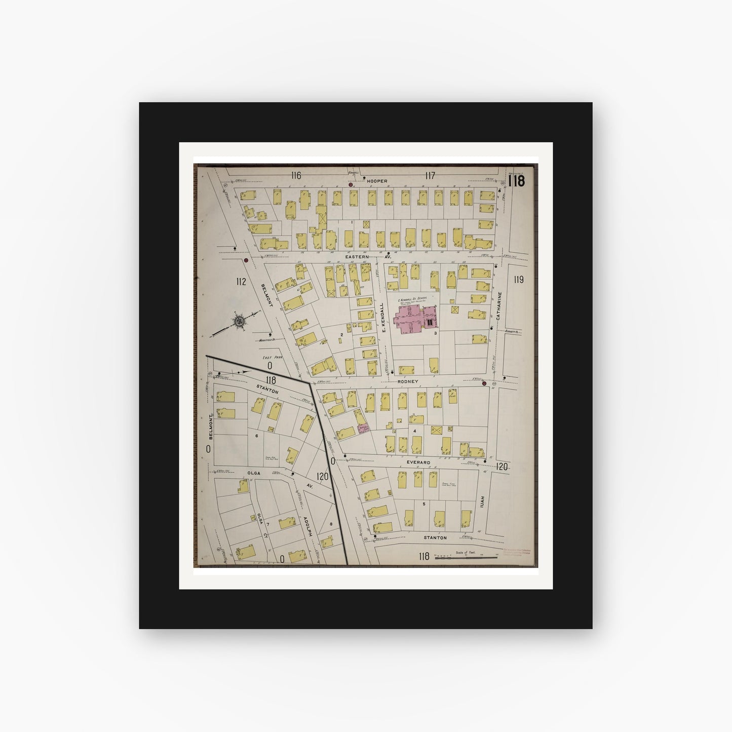Old map wall art mockup — black gallery frame with white mat — Sanborn Fire Insurance Map from Worcester, Worcester County, Massachusetts (1910), Sheet #0118