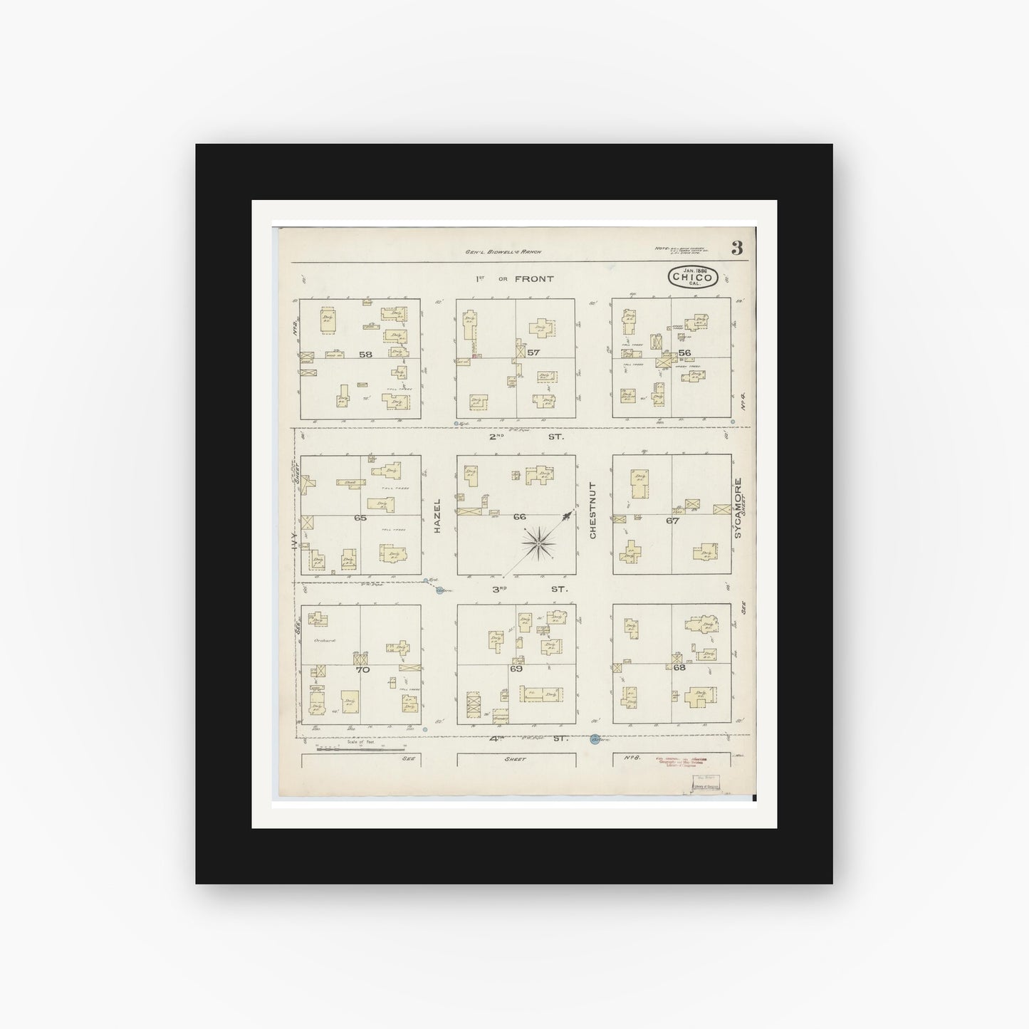 Old map wall art mockup — black gallery frame with white mat — Sanborn Fire Insurance Map from Chico, Butte County, California (1886), Sheet #0003