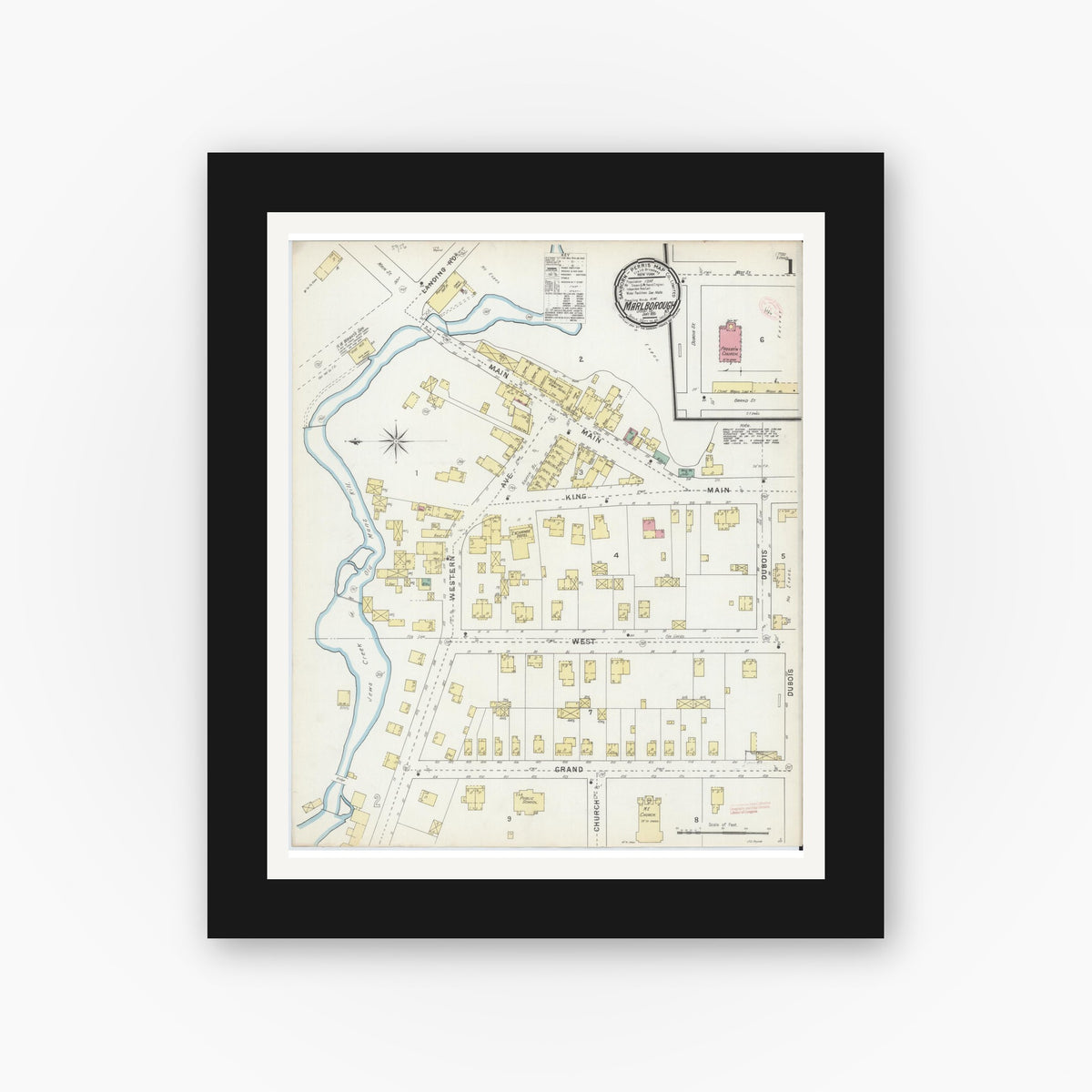 Old map wall art mockup — black gallery frame with white mat — Sanborn Fire Insurance Map from Marlborough, Ulster County, New York (1895) - Complete Map Set