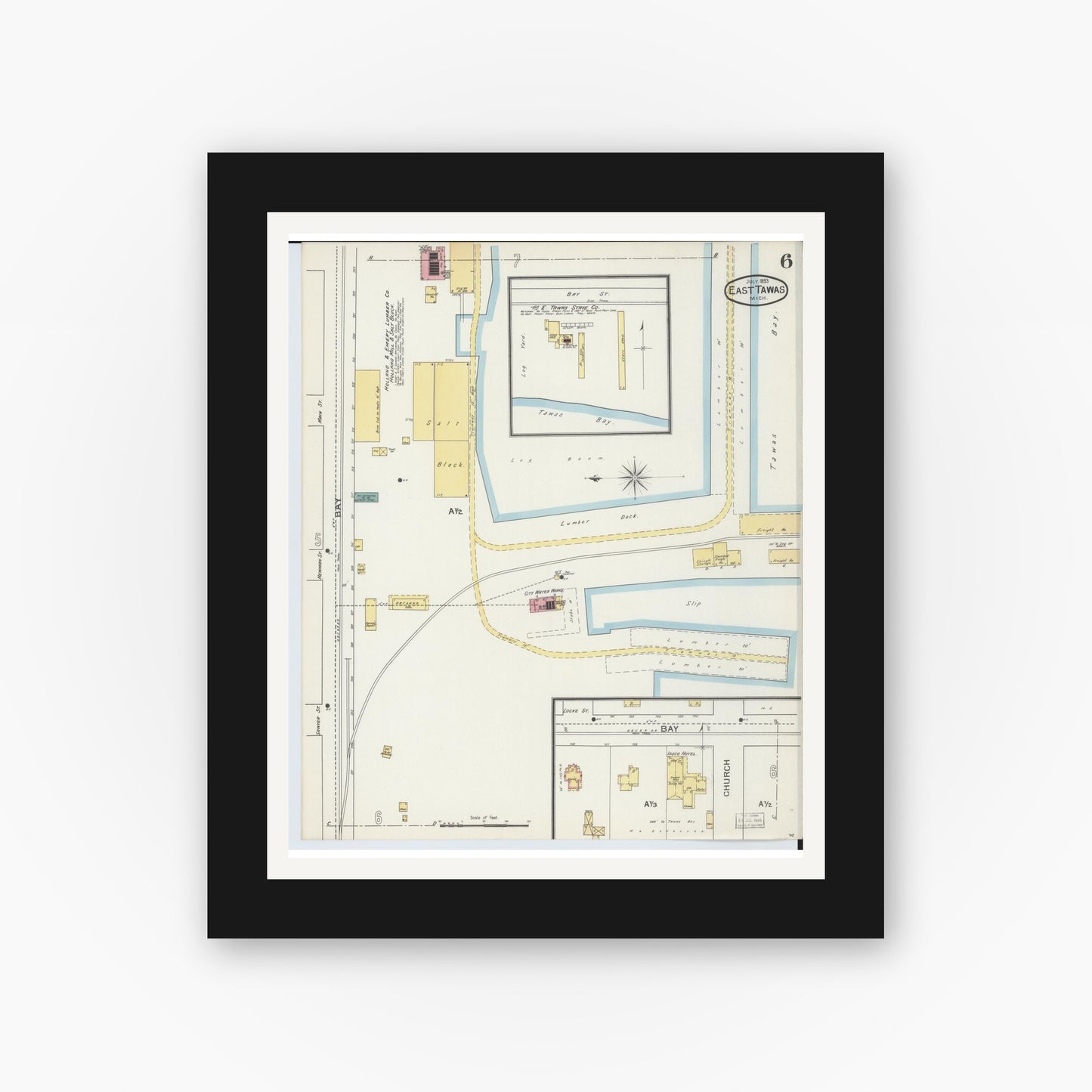 Old map wall art mockup — black gallery frame with white mat — Sanborn Fire Insurance Map from East Tawas, Iosco County, Michigan (1893), Sheet #0006
