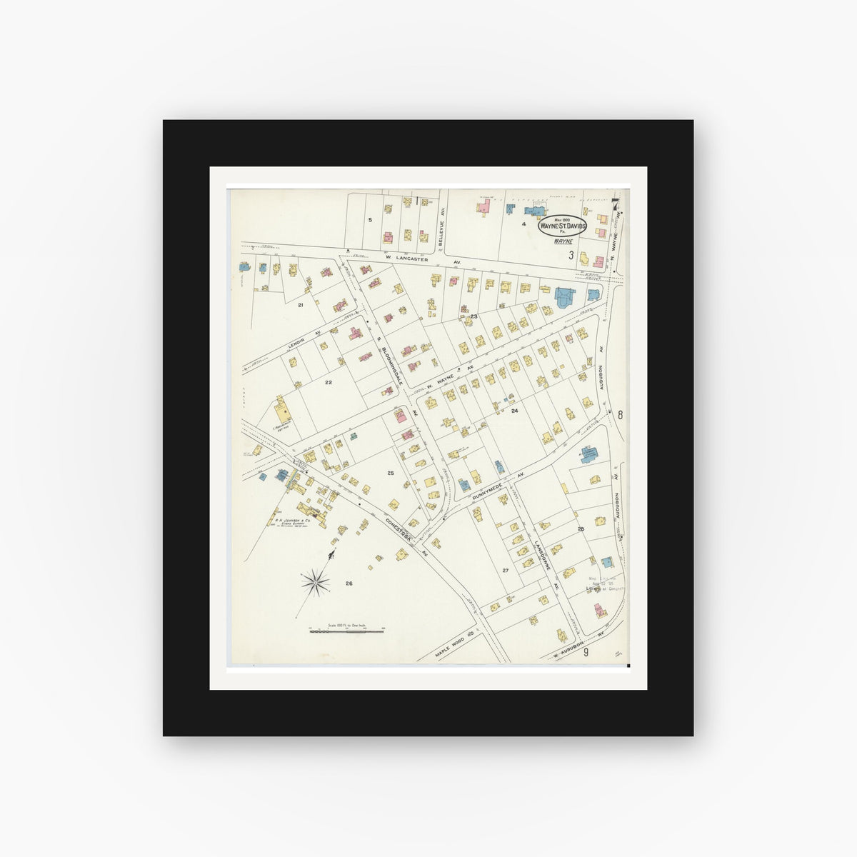 Old map wall art mockup β black gallery frame with white mat β Sanborn Fire Insurance Map from Wayne, Delaware County, Pennsylvania (1909), Sheet #0007