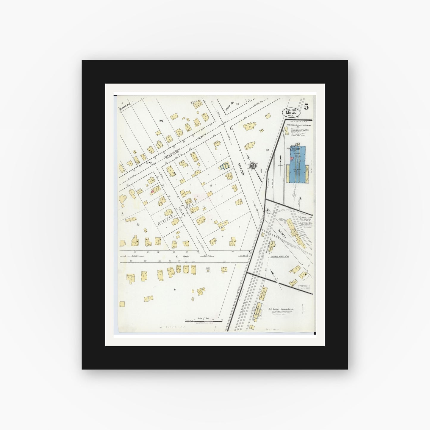 Old map wall art mockup — black gallery frame with white mat — Sanborn Fire Insurance Map from Milan, Washtenaw And Monroe Counties, Michigan (1922), Sheet #0005