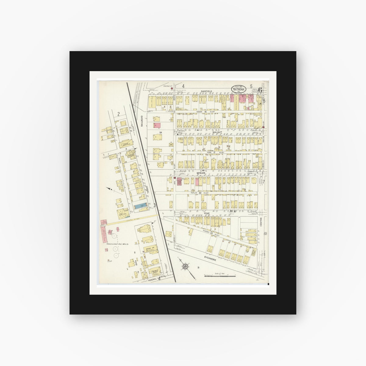 Old map wall art mockup — black gallery frame with white mat — Sanborn Fire Insurance Map from Natrona, Allegheny County, Pennsylvania (1912), Sheet #0006
