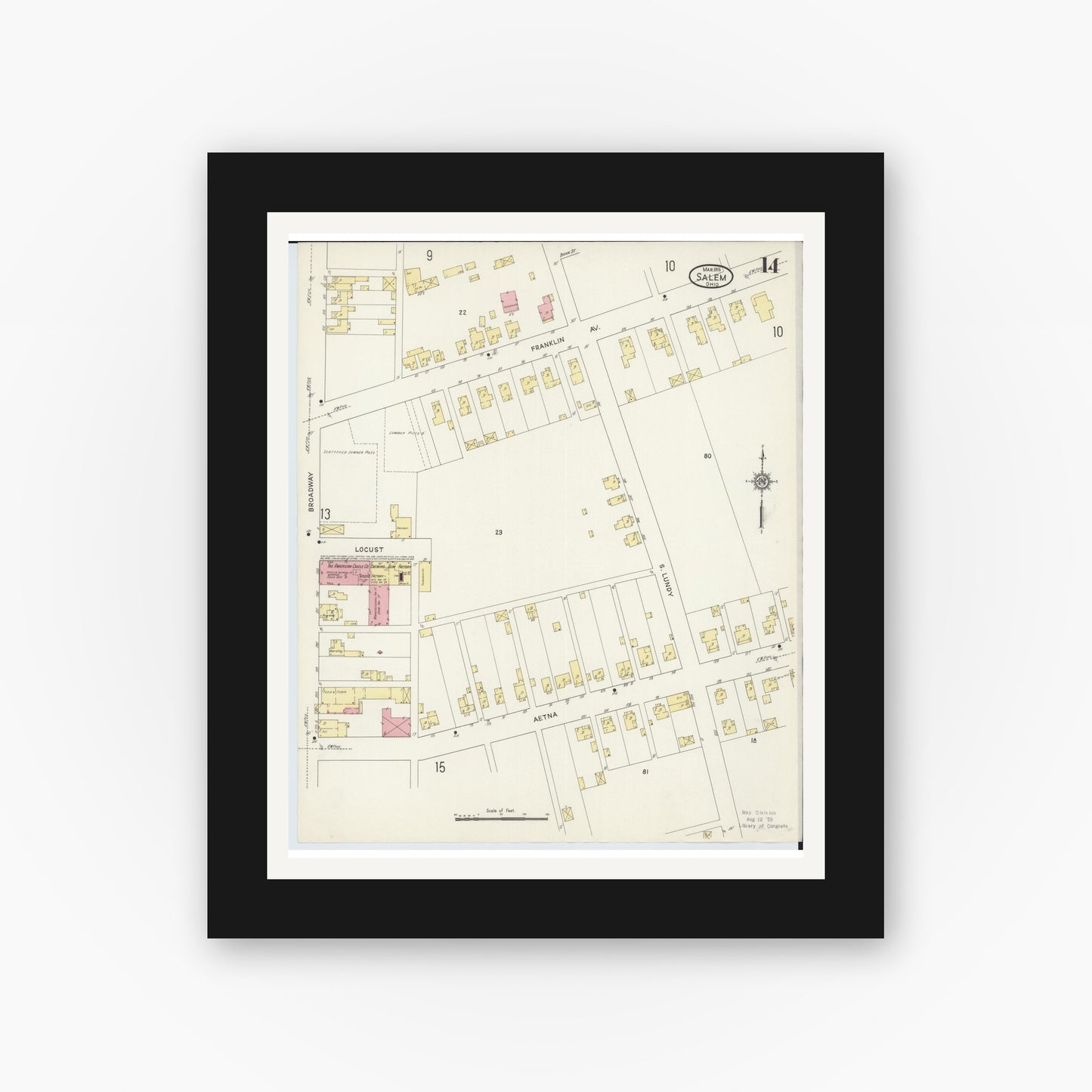Old map wall art mockup — black gallery frame with white mat — Sanborn Fire Insurance Map from Salem, Columbiana County, Ohio (1915), Sheet #0014