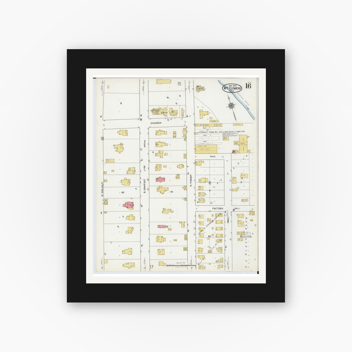 Old map wall art mockup — black gallery frame with white mat — Sanborn Fire Insurance Map from Mount Clemens, Macomb County, Michigan (1921), Sheet #0016