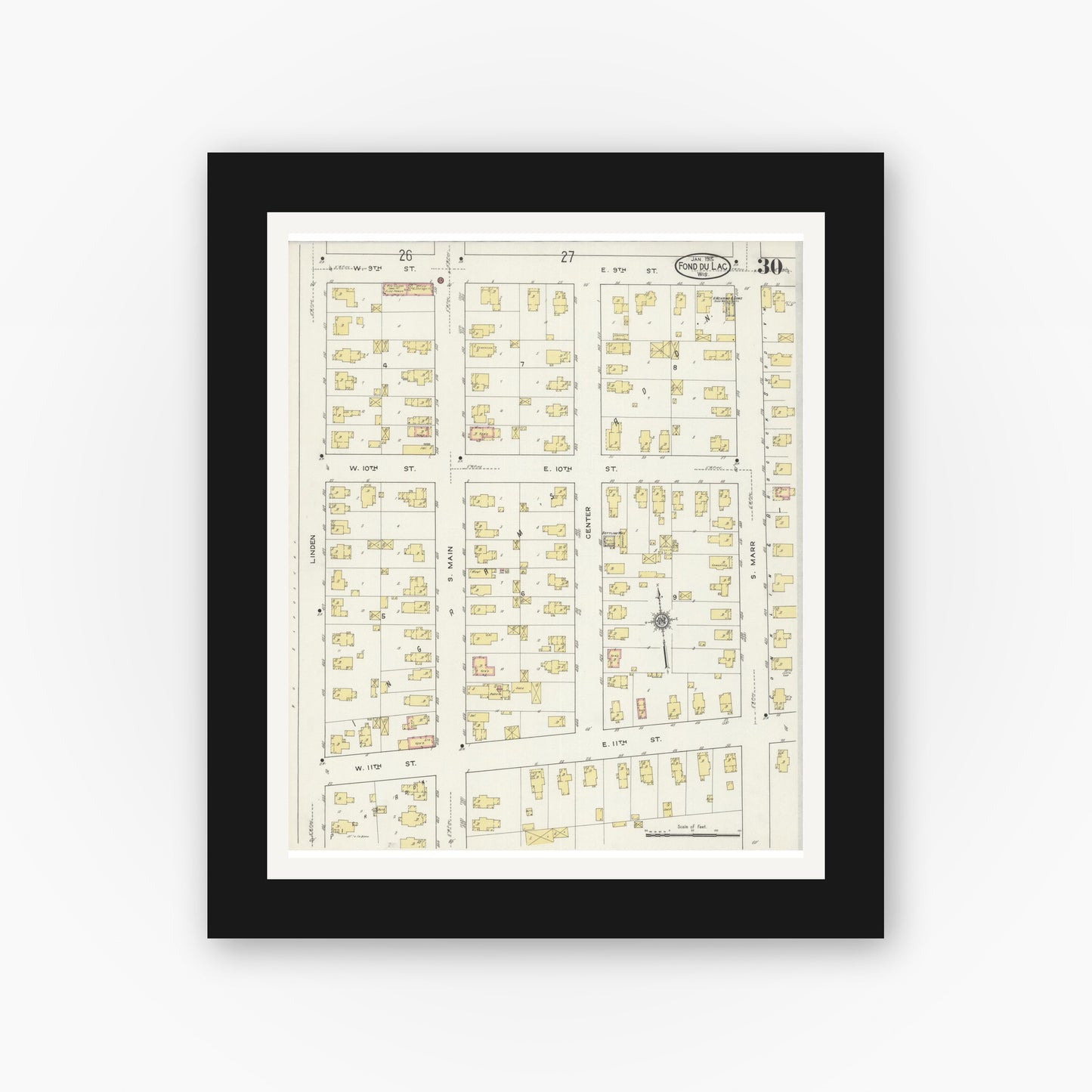 Old map wall art mockup — black gallery frame with white mat — Sanborn Fire Insurance Map from Fond du Lac, Fond du Lac County, Wisconsin (1915), Sheet #0030