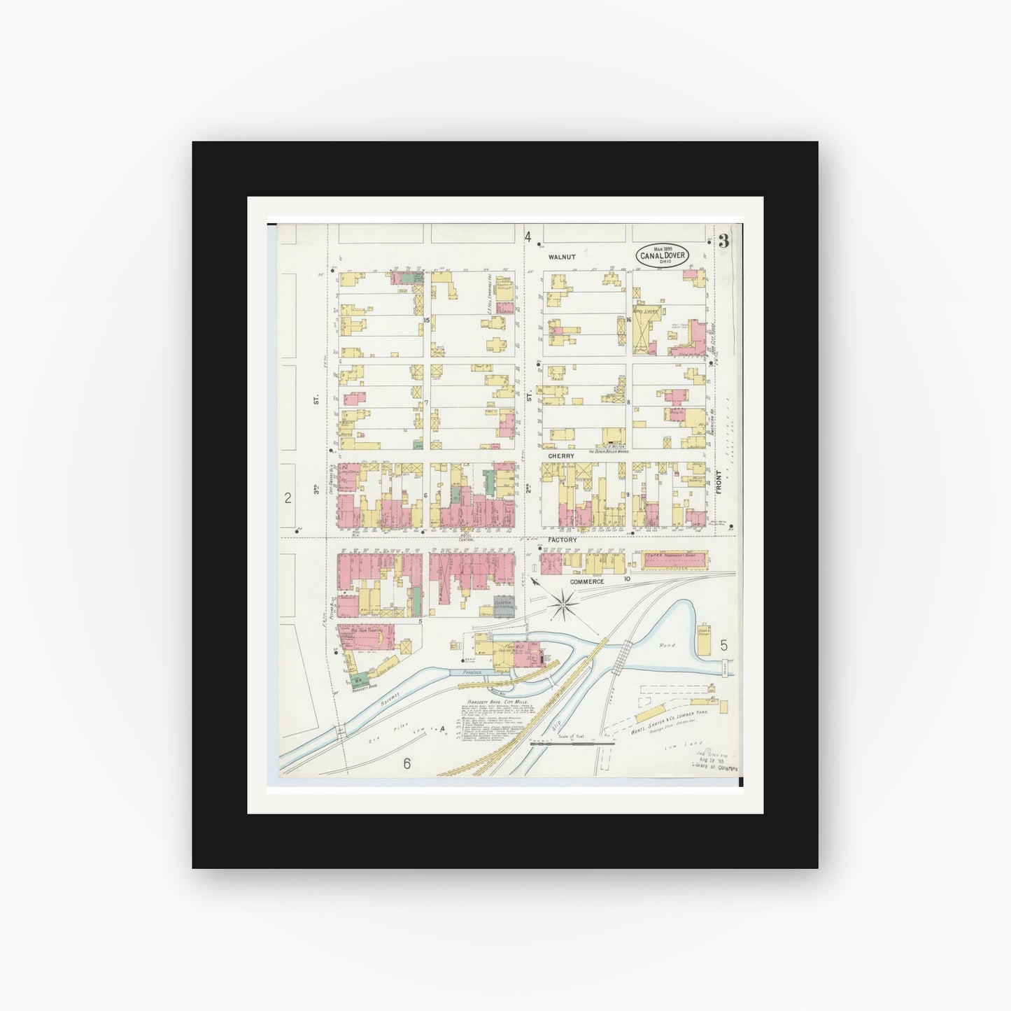 Old map wall art mockup — black gallery frame with white mat — Sanborn Fire Insurance Map from Canal Dover, Tuscarawas County, Ohio (1899), Sheet #0003