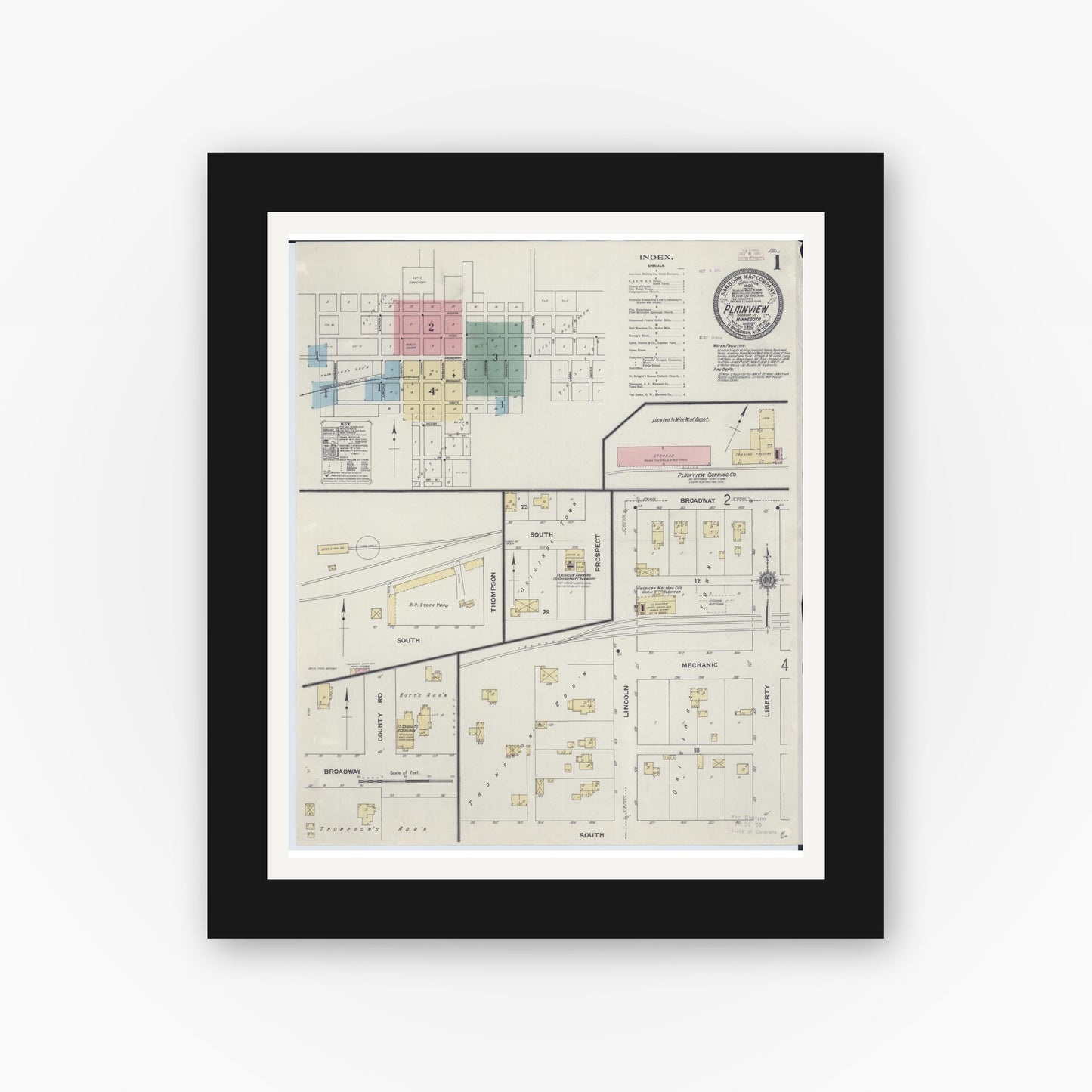 Old map wall art mockup — black gallery frame with white mat — Sanborn Fire Insurance Map from Plainview, Wabasha County, Minnesota (1910), Sheet #0001