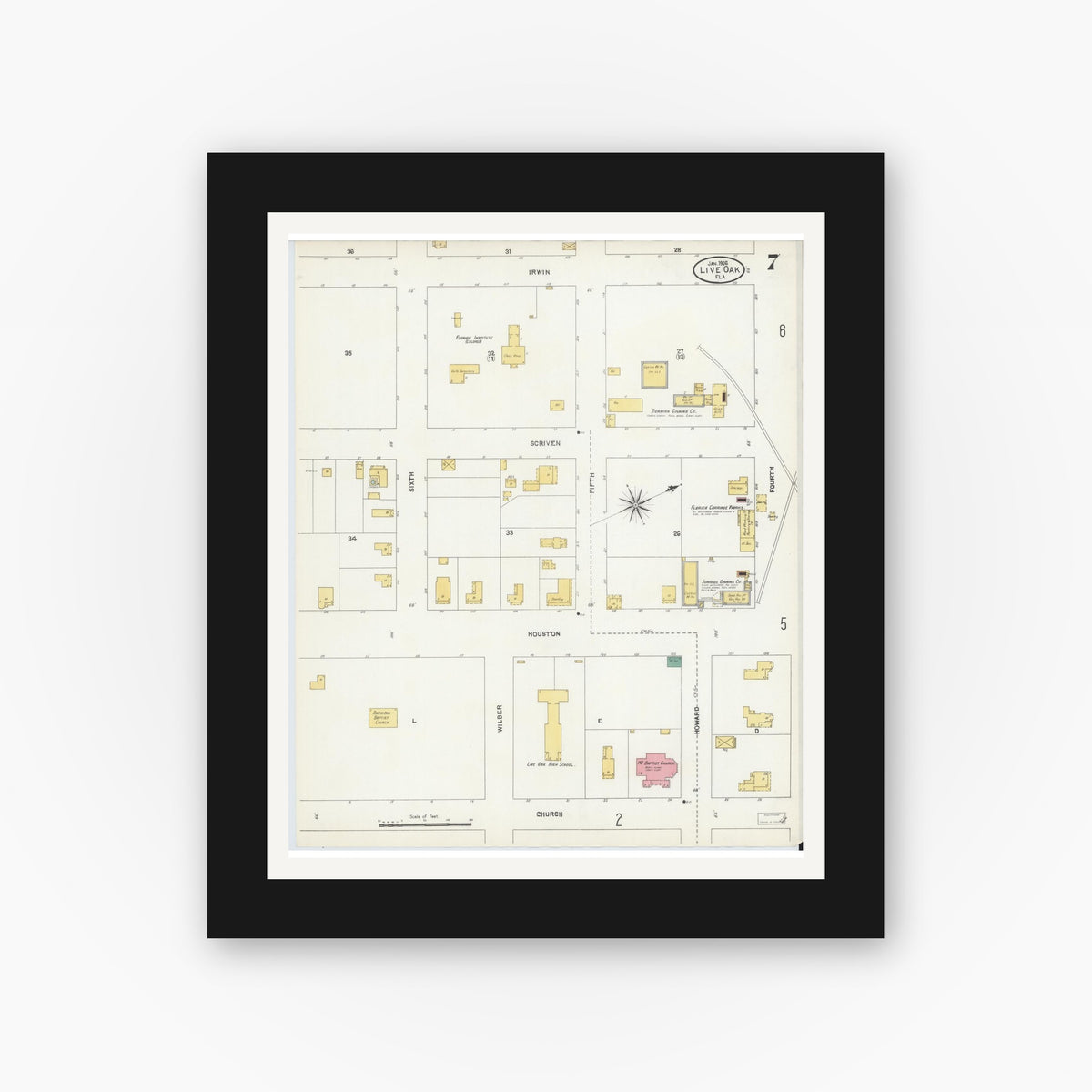 Old map wall art mockup — black gallery frame with white mat — Sanborn Fire Insurance Map from Live Oak, Suwanee County, Florida (1906), Sheet #0007