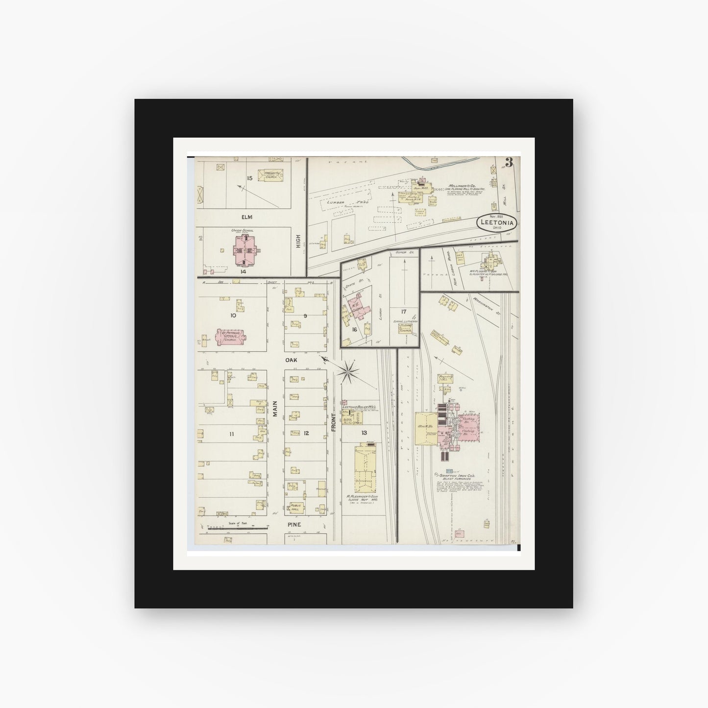 Old map wall art mockup — black gallery frame with white mat — Sanborn Fire Insurance Map from Leetonia, Columbiana County, Ohio (1888), Sheet #0003