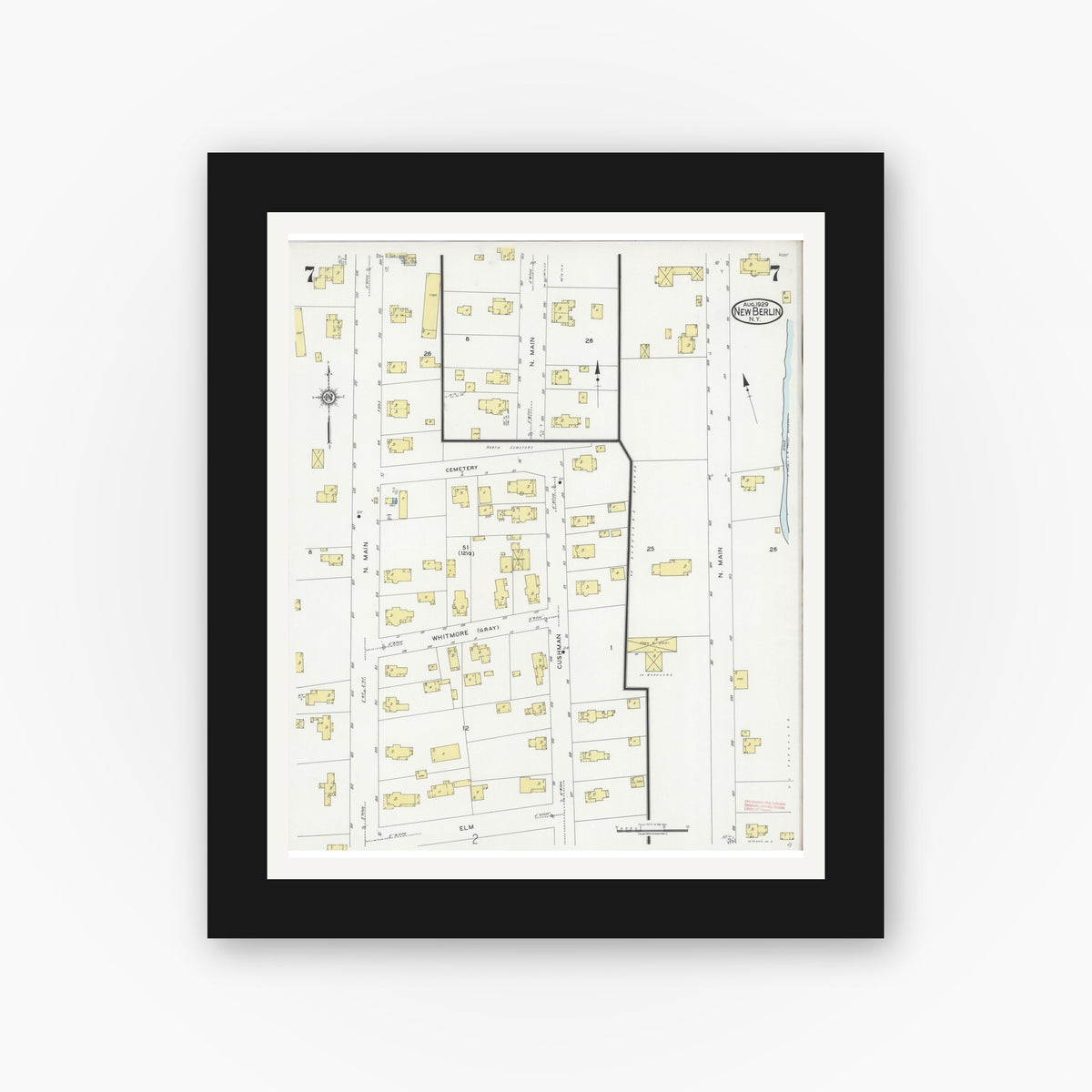 Old map wall art mockup — black gallery frame with white mat — Sanborn Fire Insurance Map from New Berlin, Chenango County, New York (1929), Sheet #0007