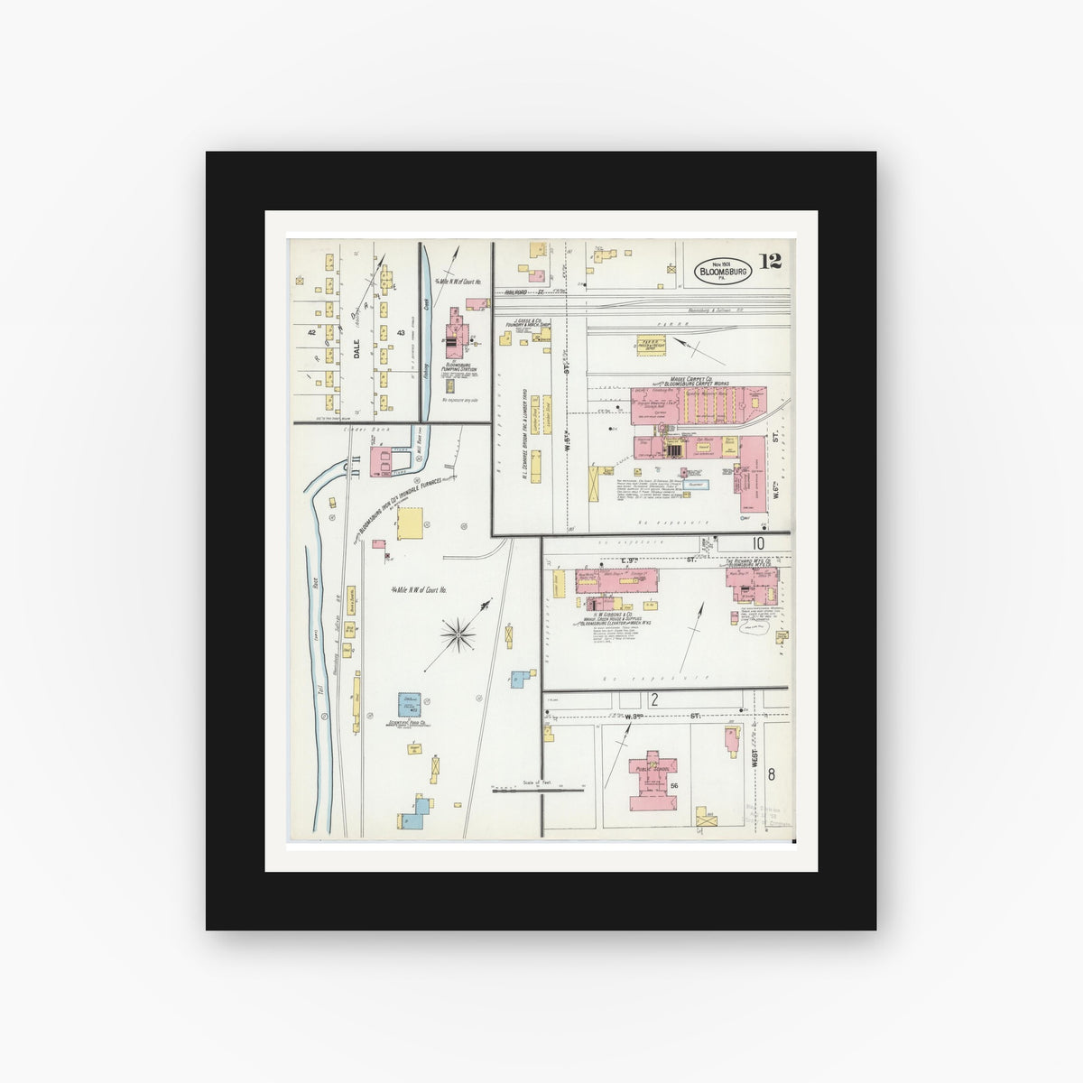 Old map wall art mockup β black gallery frame with white mat β Sanborn Fire Insurance Map from Bloomsburg, Columbia County, Pennsylvania (1901), Sheet #0012