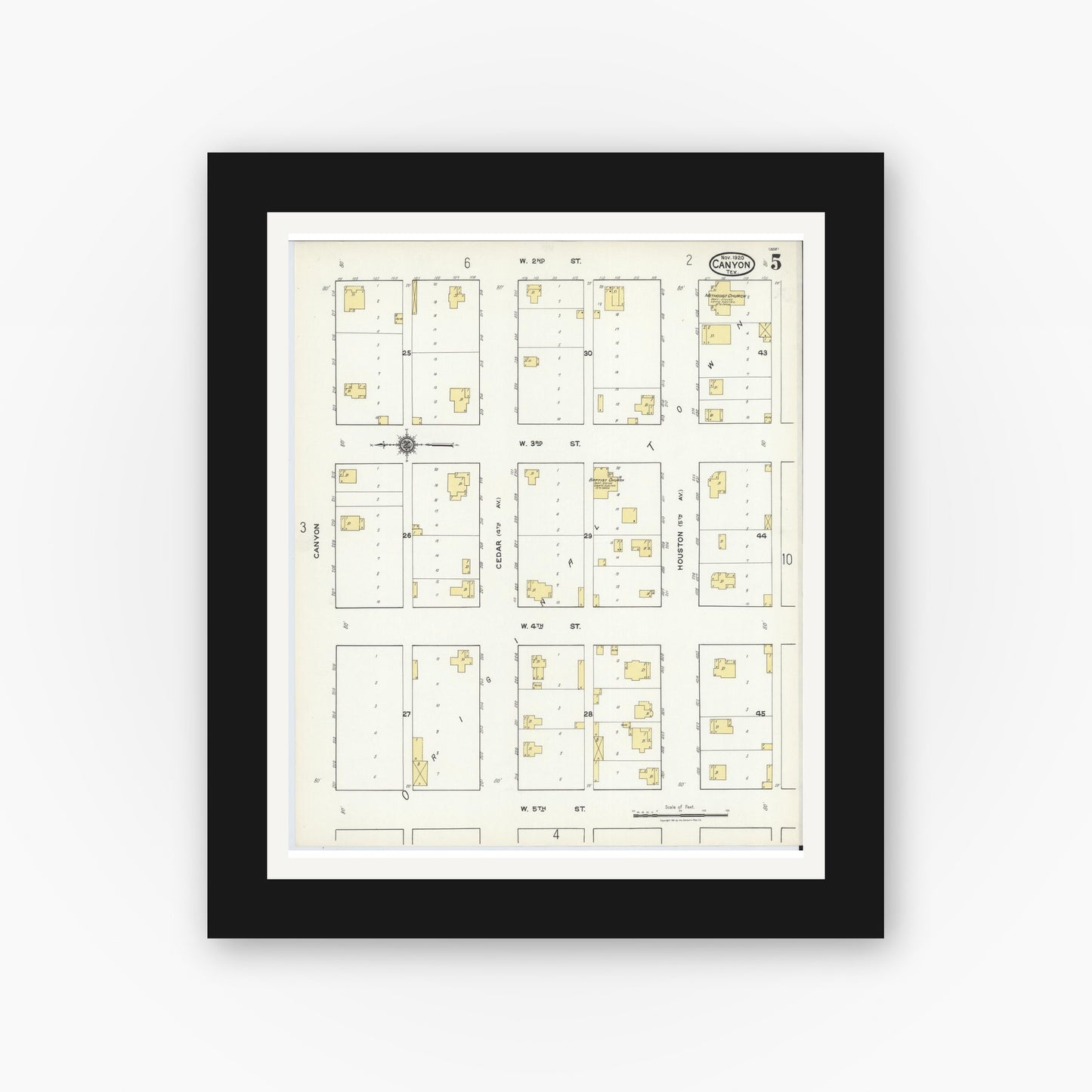 Old map wall art mockup — black gallery frame with white mat — Sanborn Fire Insurance Map from Canyon, Randall County, Texas (1920), Sheet #0005