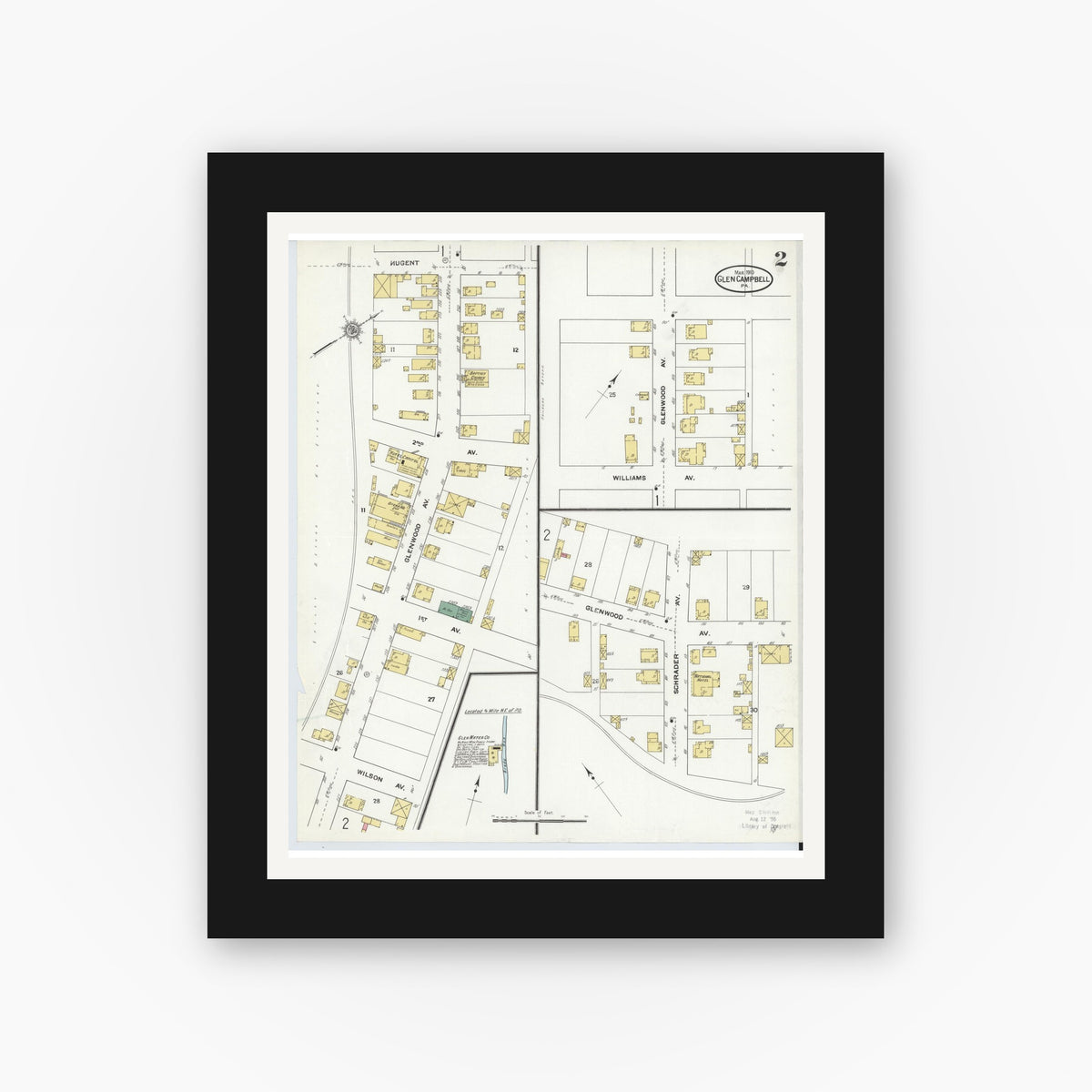 Old map wall art mockup — black gallery frame with white mat — Sanborn Fire Insurance Map from Glen Campbell, Indiana County, Pennsylvania (1910), Sheet #0002
