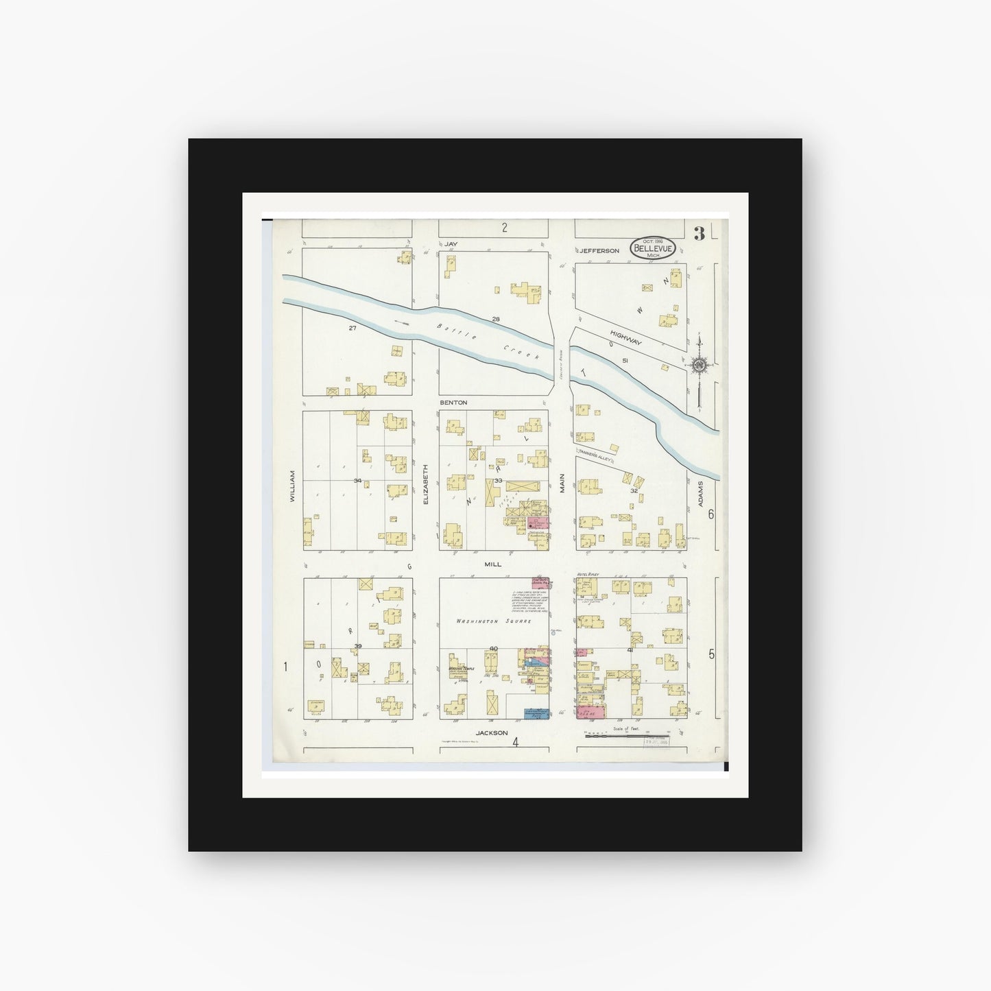 Old map wall art mockup — black gallery frame with white mat — Sanborn Fire Insurance Map from Bellevue, Eaton County, Michigan (1916), Sheet #0003
