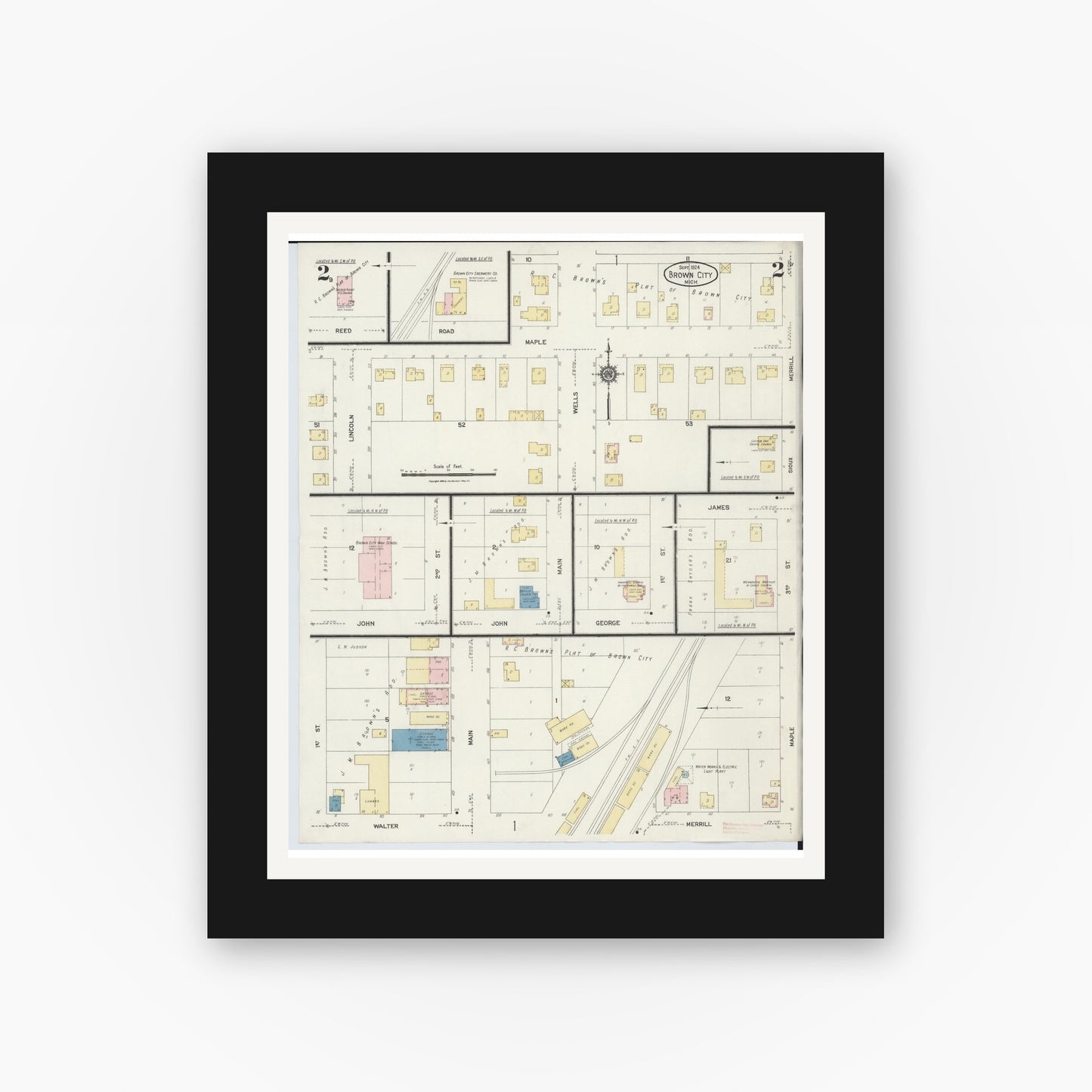 Old map wall art mockup — black gallery frame with white mat — Sanborn Fire Insurance Map from Brown City, Sanilac County, Michigan (1924), Sheet #0002