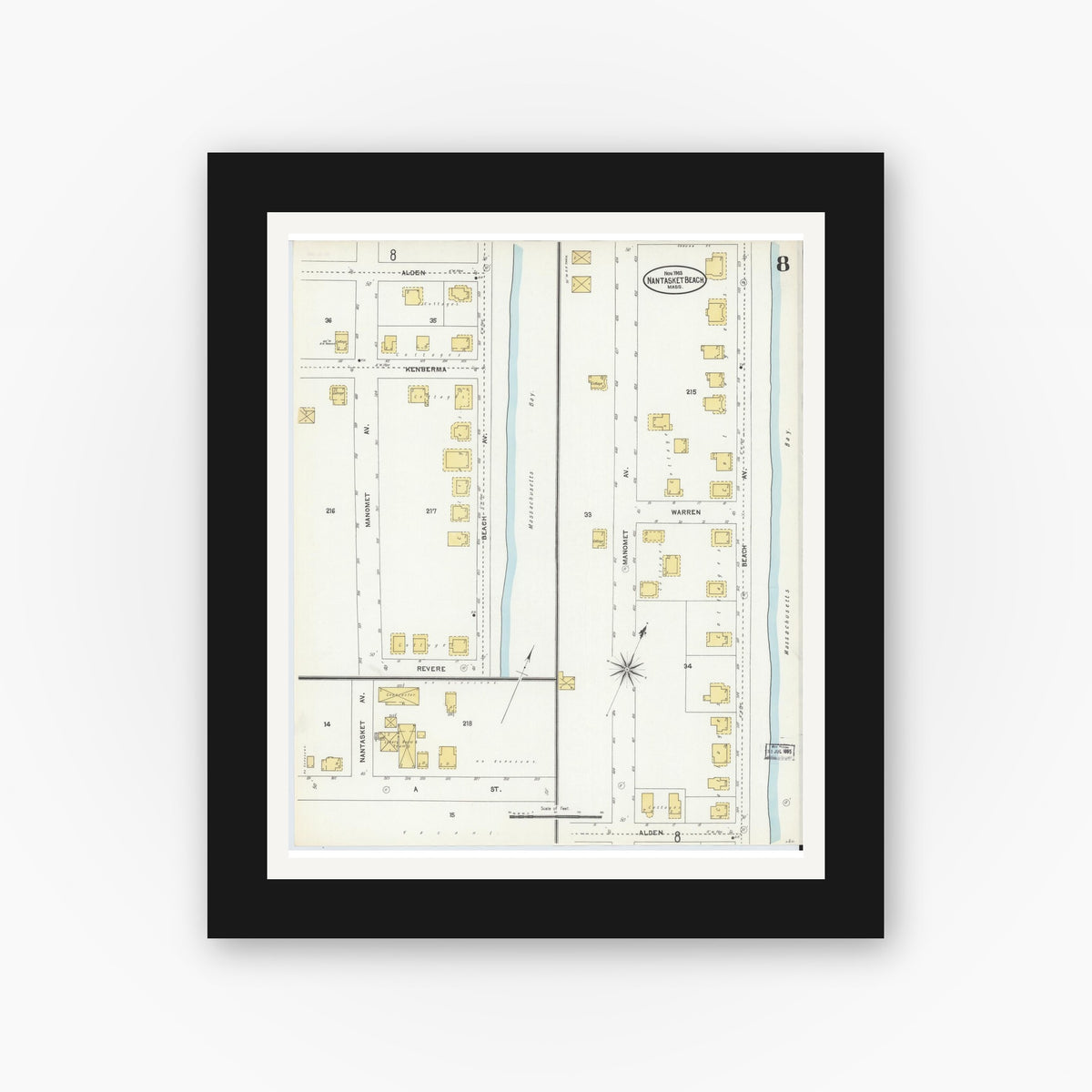 Old map wall art mockup — black gallery frame with white mat — Sanborn Fire Insurance Map from Nantasket Beach, Plymouth County, Massachusetts (1903), Sheet #0008