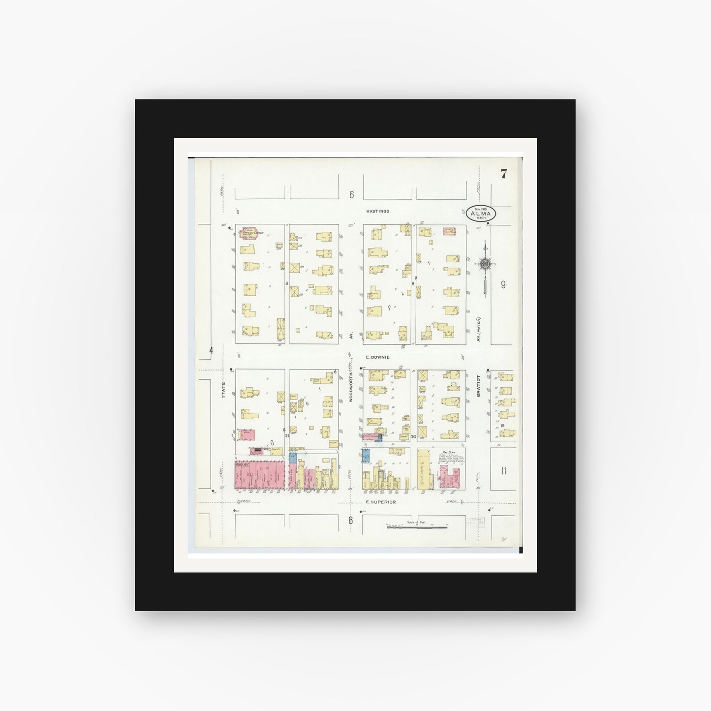 Old map wall art mockup — black gallery frame with white mat — Sanborn Fire Insurance Map from Alma, Gratiot County, Michigan (1910), Sheet #0007