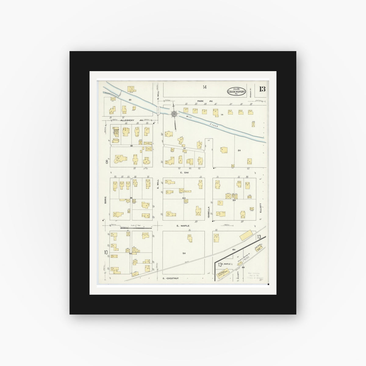 Old map wall art mockup — black gallery frame with white mat — Sanborn Fire Insurance Map from Coudersport, Potter County, Pennsylvania (1911), Sheet #0013