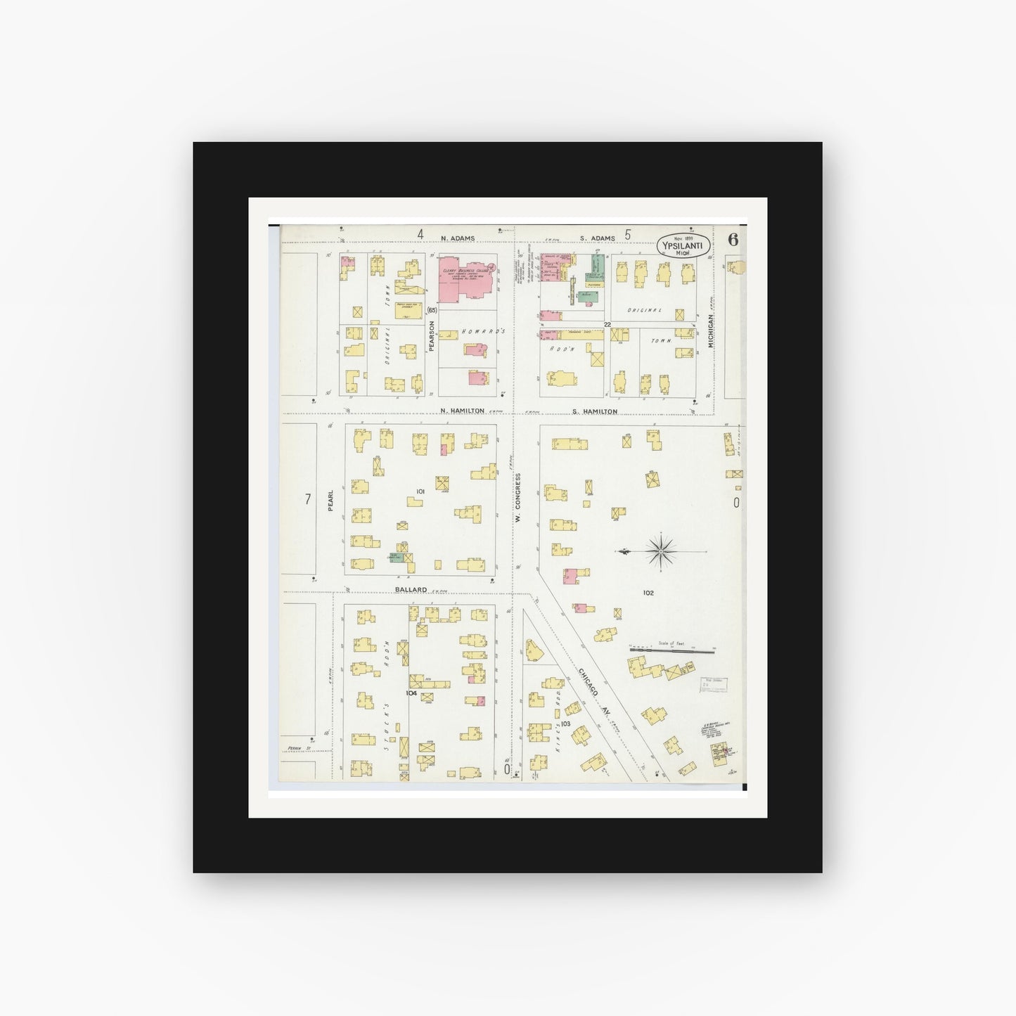 Old map wall art mockup — black gallery frame with white mat — Sanborn Fire Insurance Map from Ypsilanti, Washtenaw County, Michigan (1899), Sheet #0006