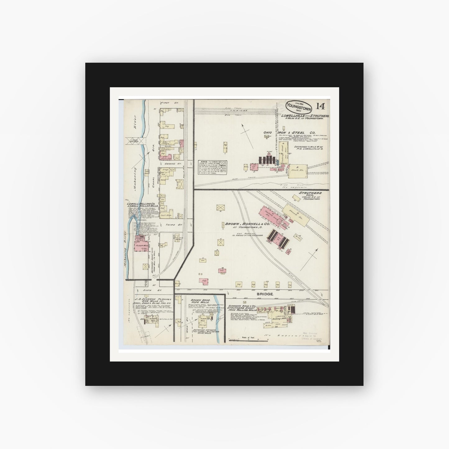 Old map wall art mockup — black gallery frame with white mat — Sanborn Fire Insurance Map from Youngstown, Mahoning County, Ohio (1884), Sheet #0014